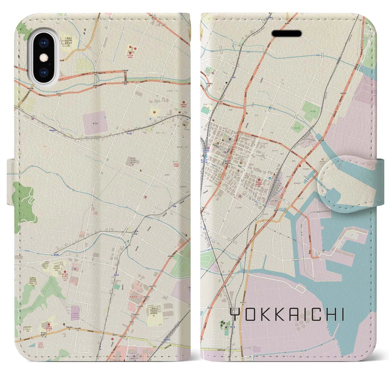 【四日市】地図柄iPhoneケース（手帳両面タイプ・ナチュラル）iPhone XS Max 用