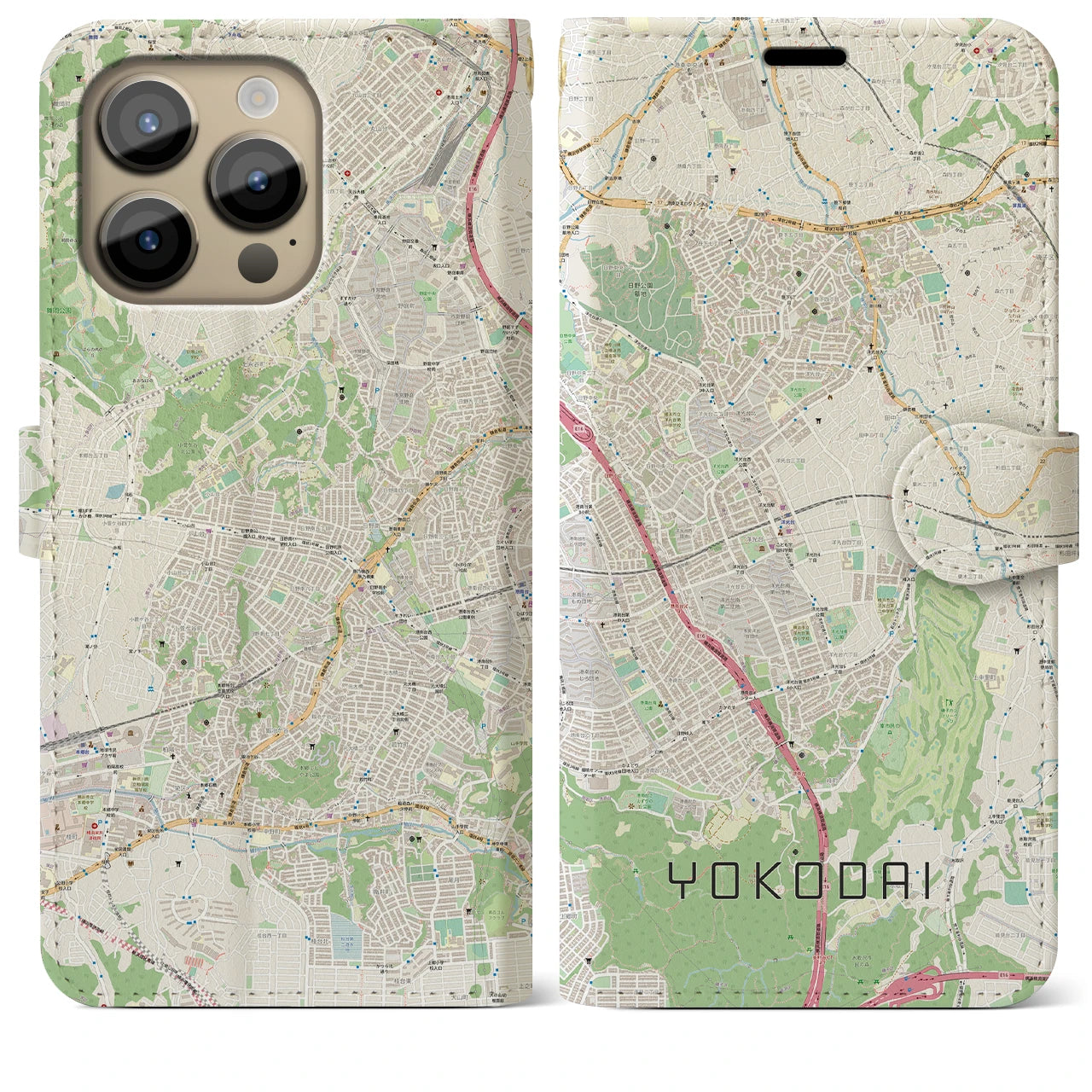 【洋光台】地図柄iPhoneケース（手帳両面タイプ・ナチュラル）iPhone 14 Pro Max 用