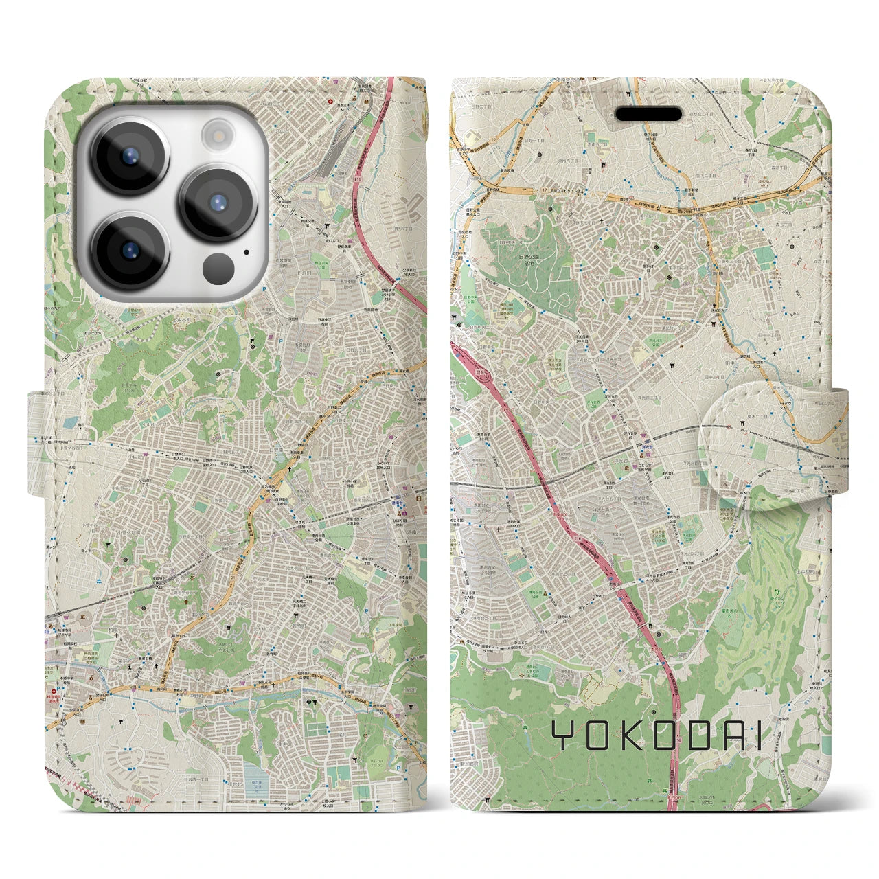 【洋光台】地図柄iPhoneケース（手帳両面タイプ・ナチュラル）iPhone 14 Pro 用