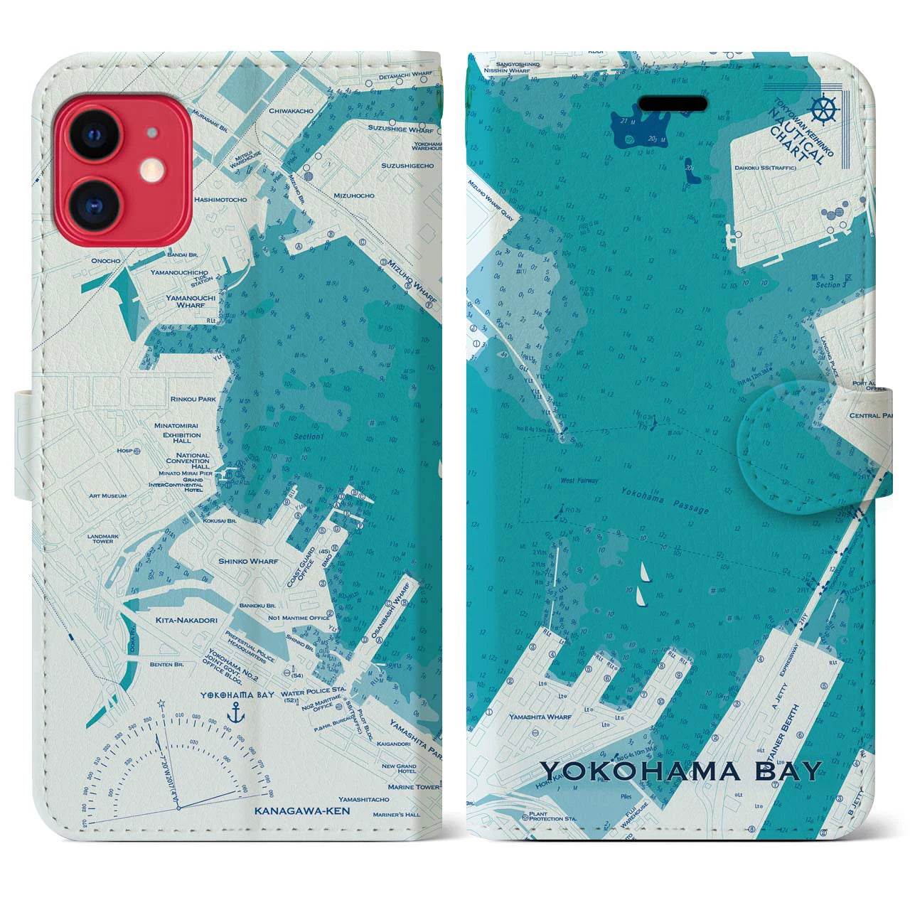 【横浜港】地図柄iPhoneケース（手帳両面タイプ・ブルー）iPhone 11 用