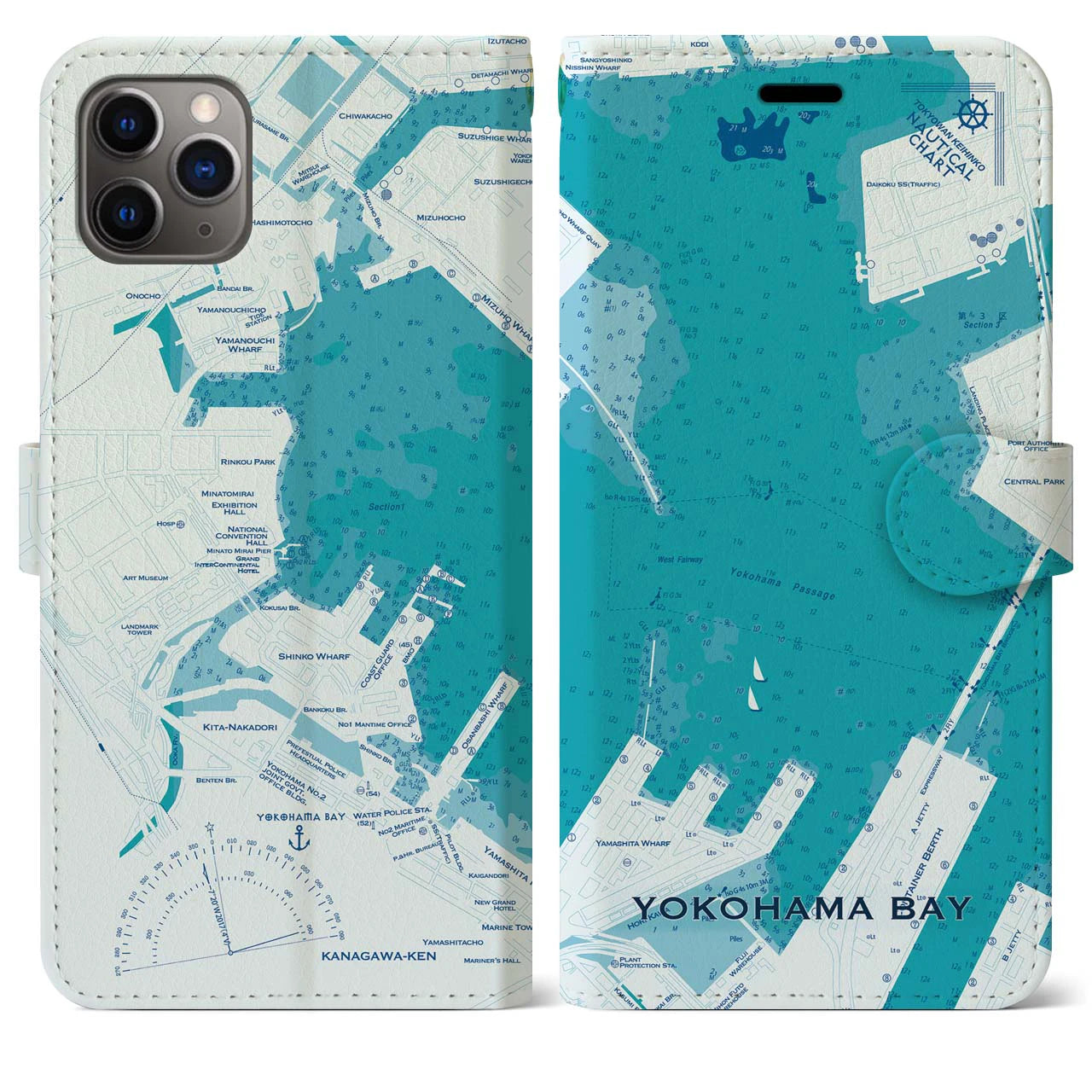 【横浜港】地図柄iPhoneケース（手帳両面タイプ・ブルー）iPhone 11 Pro Max 用