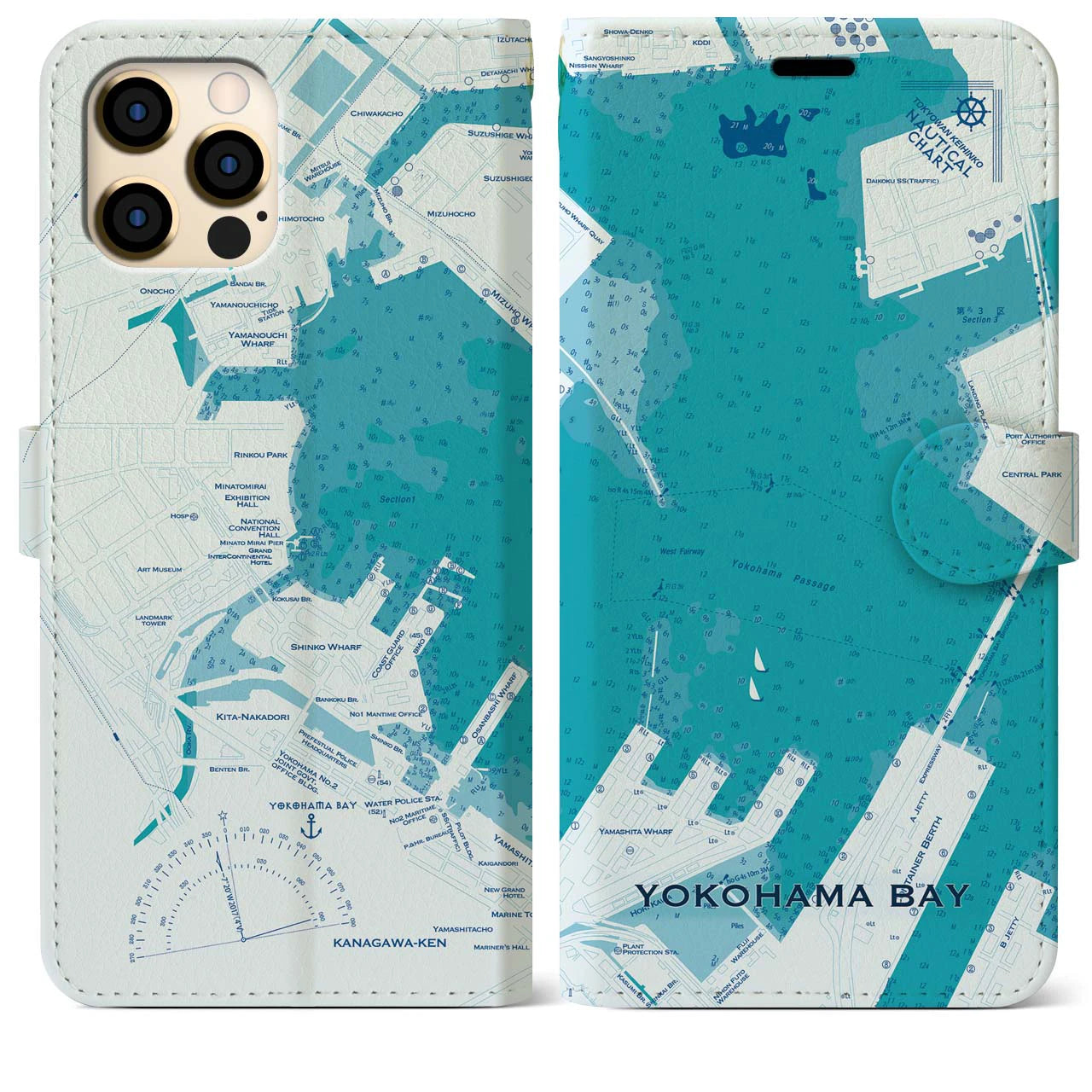 【横浜港】地図柄iPhoneケース（手帳両面タイプ・ブルー）iPhone 12 Pro Max 用