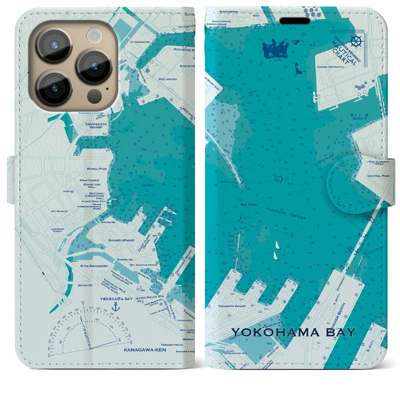 【横浜港】地図柄iPhoneケース（手帳両面タイプ・ブルー）iPhone 14 Pro Max 用