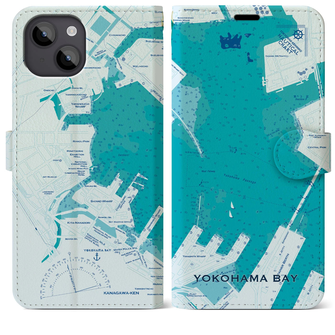 【横浜港】地図柄iPhoneケース（手帳両面タイプ・ブルー）iPhone 14 Plus 用