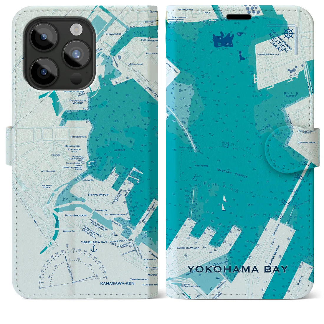 【横浜港】地図柄iPhoneケース（手帳両面タイプ・ブルー）iPhone 15 Pro Max 用