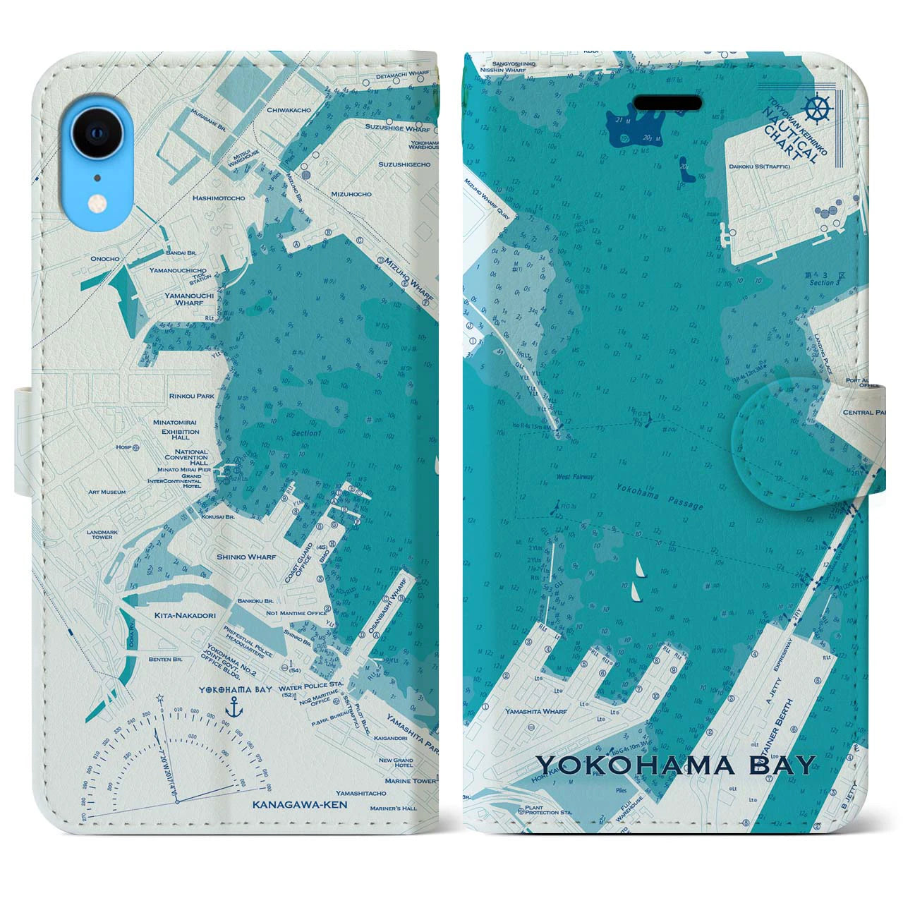 【横浜港】地図柄iPhoneケース（手帳両面タイプ・ブルー）iPhone XR 用