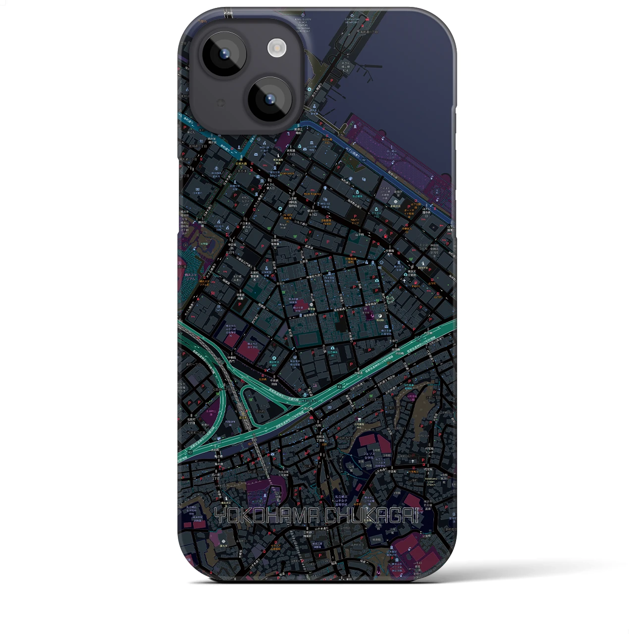 【横浜中華街】地図柄iPhoneケース（バックカバータイプ・ブラック）iPhone 14 Plus 用