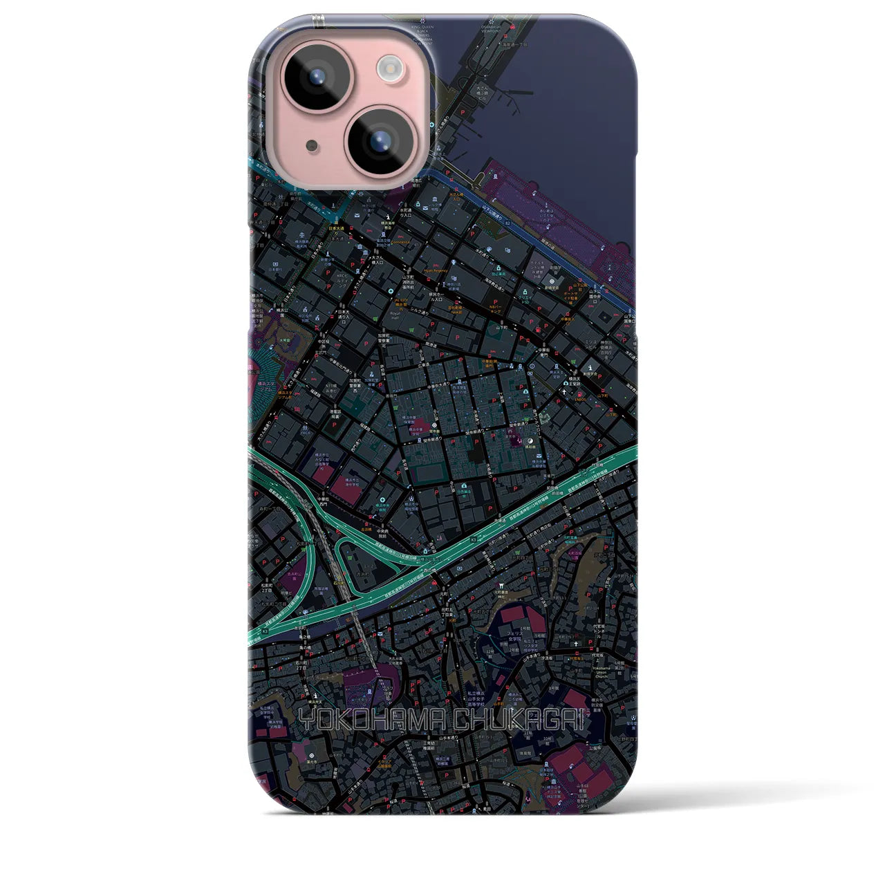 【横浜中華街】地図柄iPhoneケース（バックカバータイプ・ブラック）iPhone 15 Plus 用