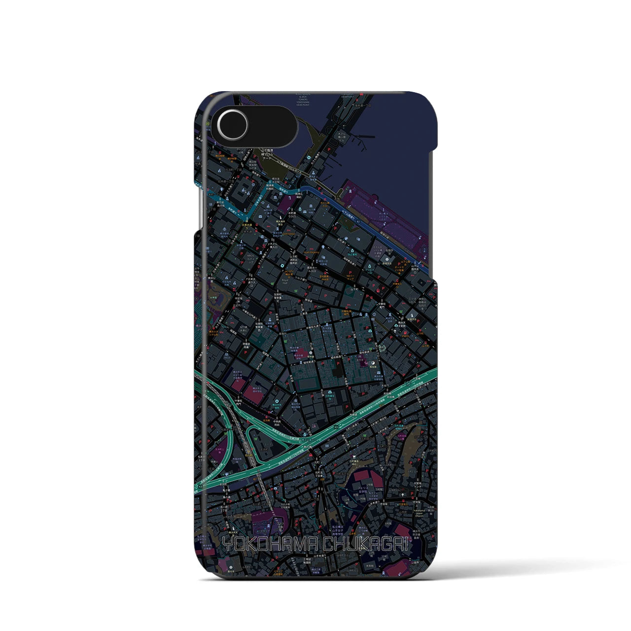 【横浜中華街】地図柄iPhoneケース（バックカバータイプ・ブラック）iPhone SE（第3 / 第2世代） / 8 / 7 / 6s / 6 用