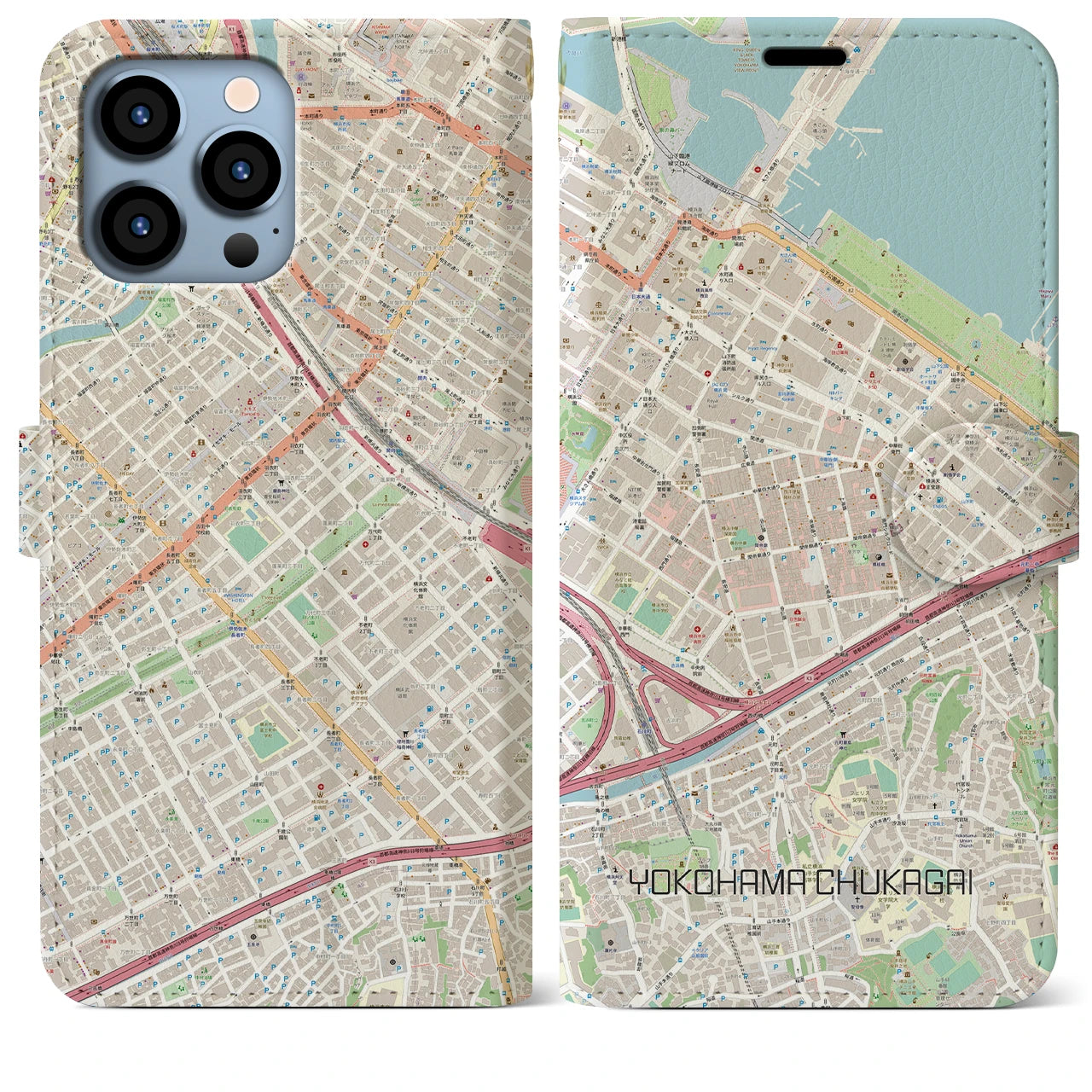 【横浜中華街】地図柄iPhoneケース（手帳両面タイプ・ナチュラル）iPhone 13 Pro Max 用