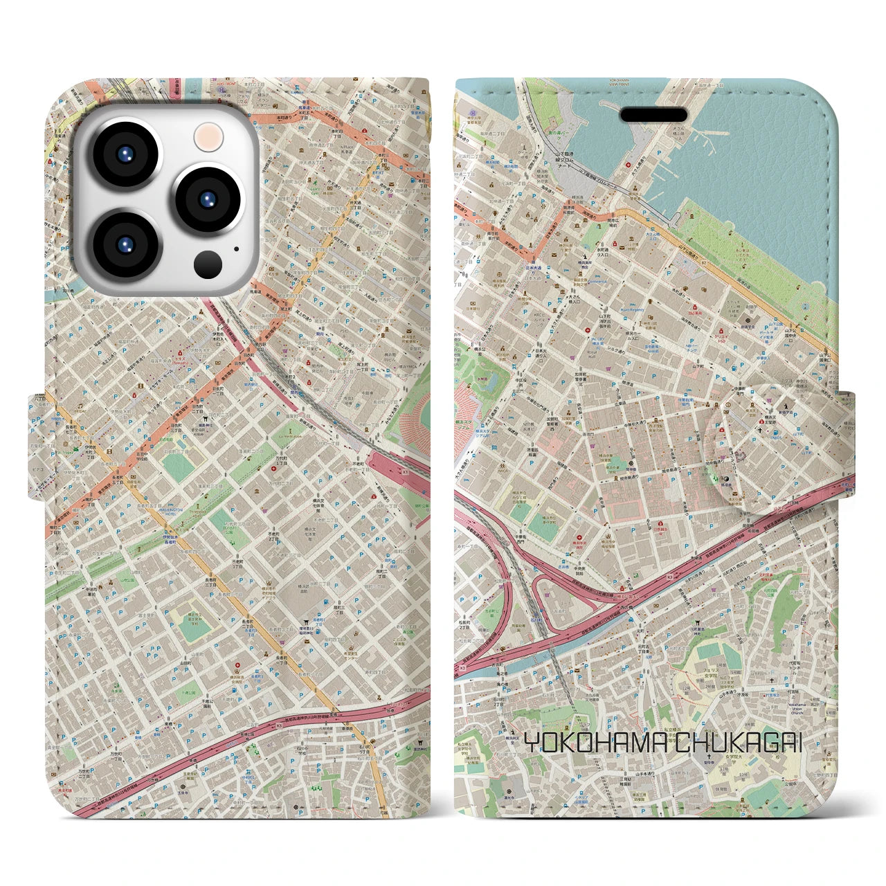 【横浜中華街】地図柄iPhoneケース（手帳両面タイプ・ナチュラル）iPhone 13 Pro 用