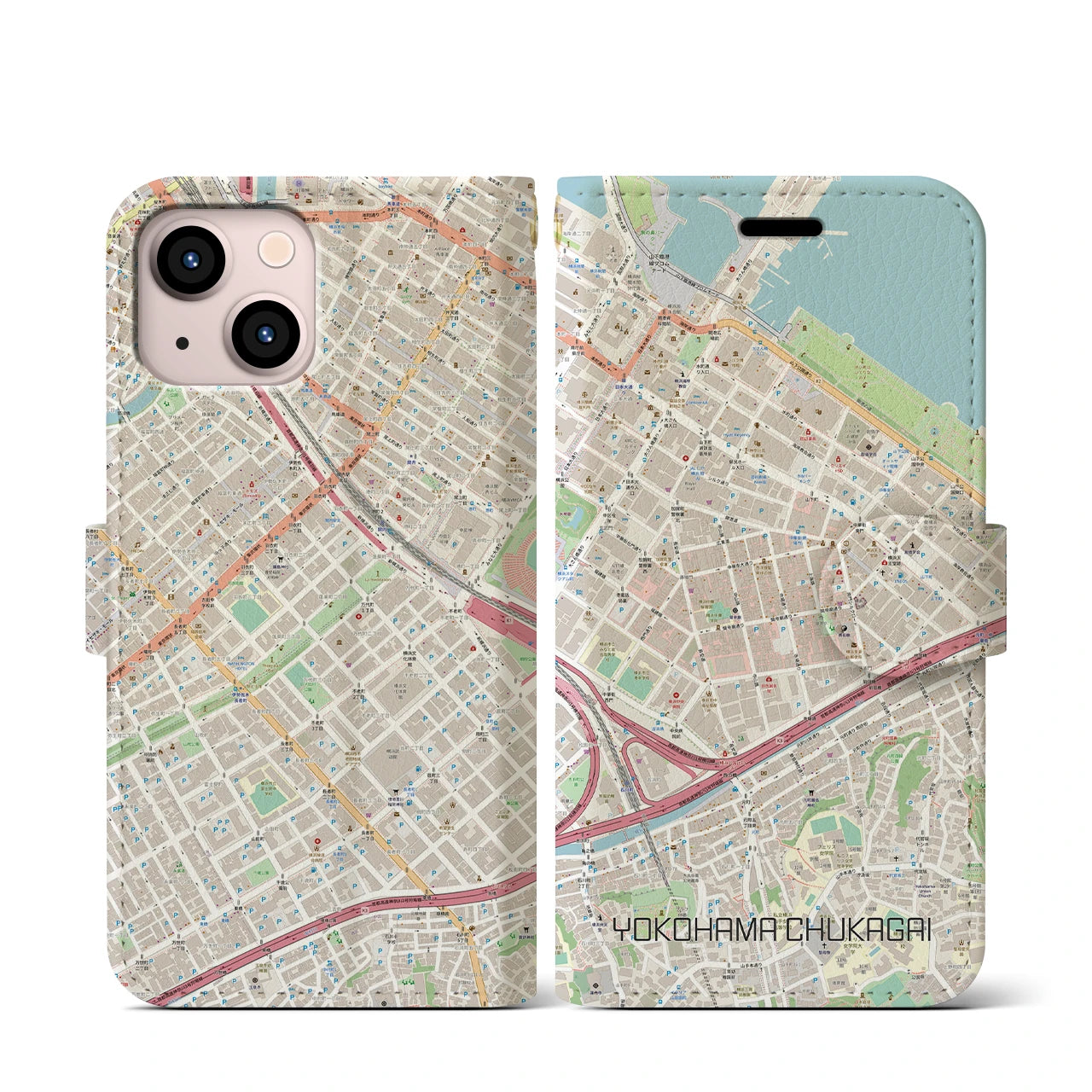 【横浜中華街】地図柄iPhoneケース（手帳両面タイプ・ナチュラル）iPhone 13 mini 用