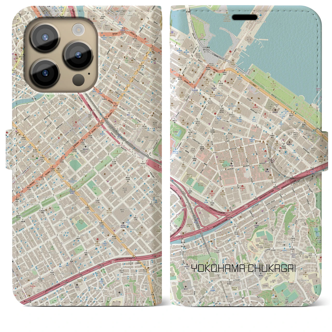 【横浜中華街】地図柄iPhoneケース（手帳両面タイプ・ナチュラル）iPhone 14 Pro Max 用