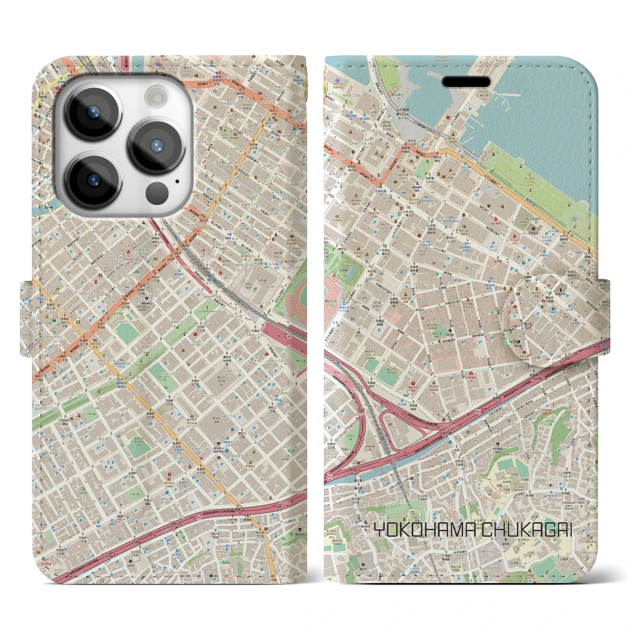 【横浜中華街】地図柄iPhoneケース（手帳両面タイプ・ナチュラル）iPhone 14 Pro 用