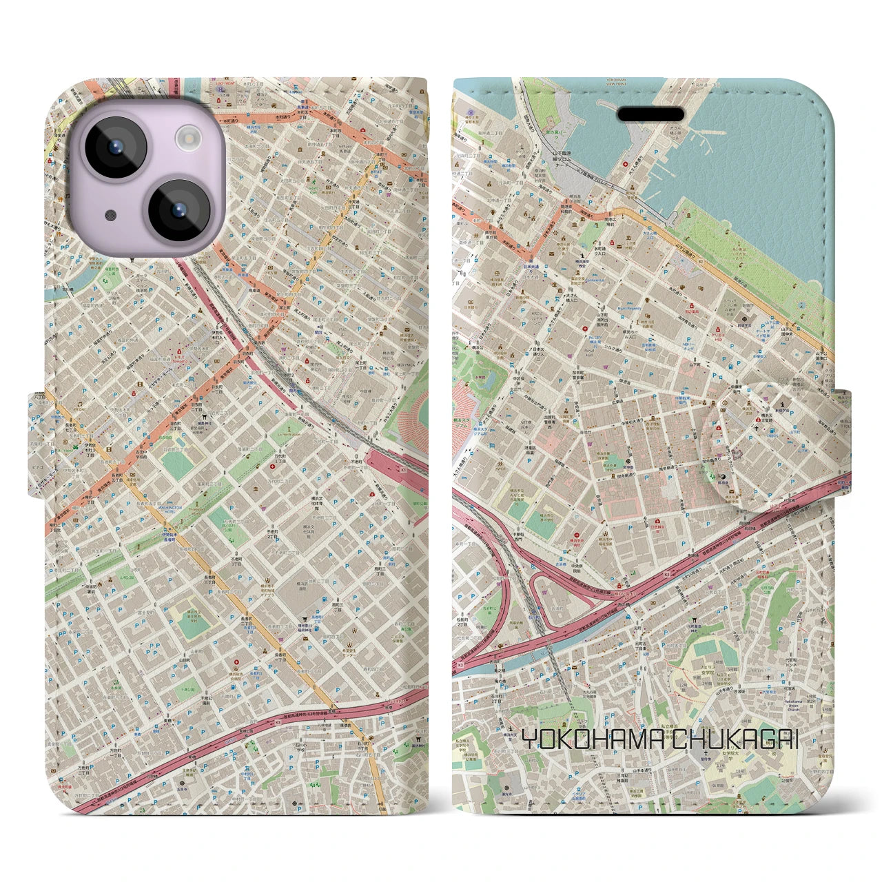 【横浜中華街】地図柄iPhoneケース（手帳両面タイプ・ナチュラル）iPhone 14 用