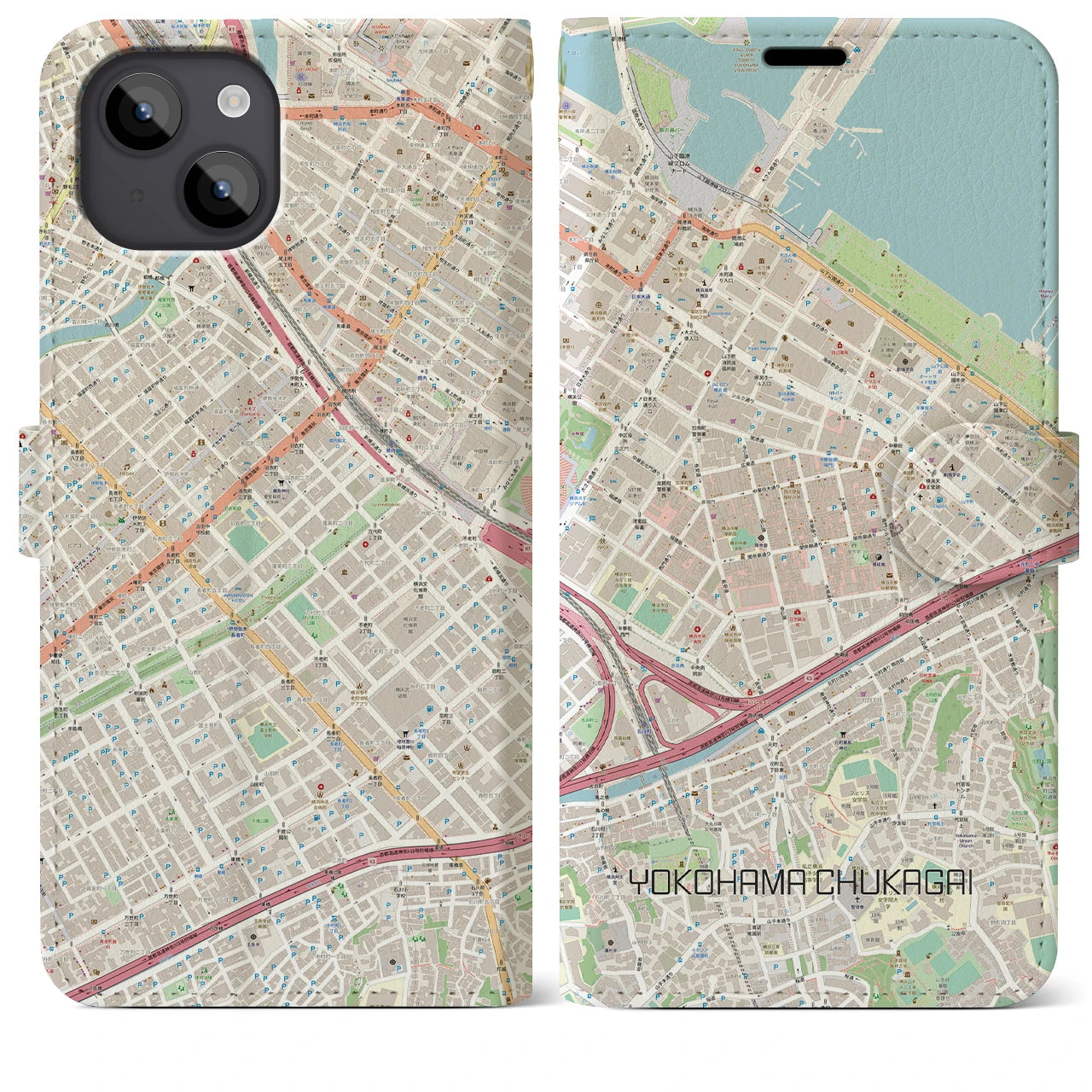 【横浜中華街】地図柄iPhoneケース（手帳両面タイプ・ナチュラル）iPhone 14 Plus 用