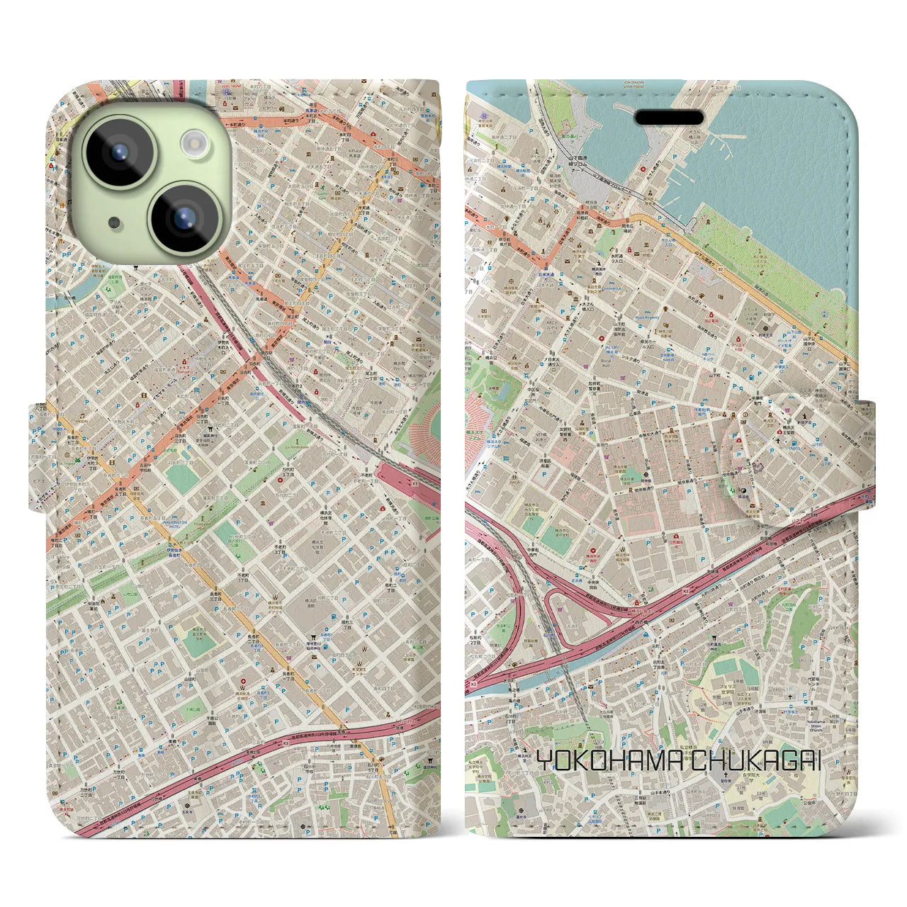 【横浜中華街】地図柄iPhoneケース（手帳両面タイプ・ナチュラル）iPhone 15 用