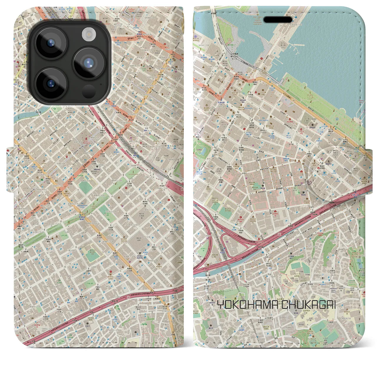 【横浜中華街】地図柄iPhoneケース（手帳両面タイプ・ナチュラル）iPhone 15 Pro Max 用