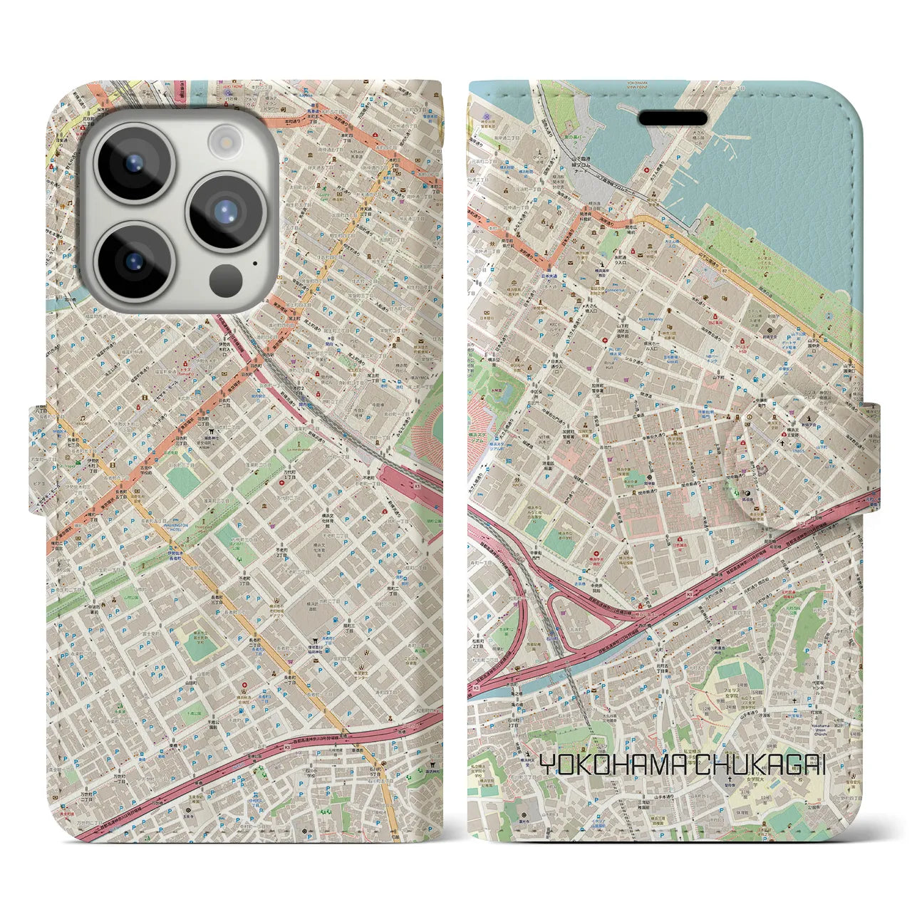 【横浜中華街】地図柄iPhoneケース（手帳両面タイプ・ナチュラル）iPhone 15 Pro 用