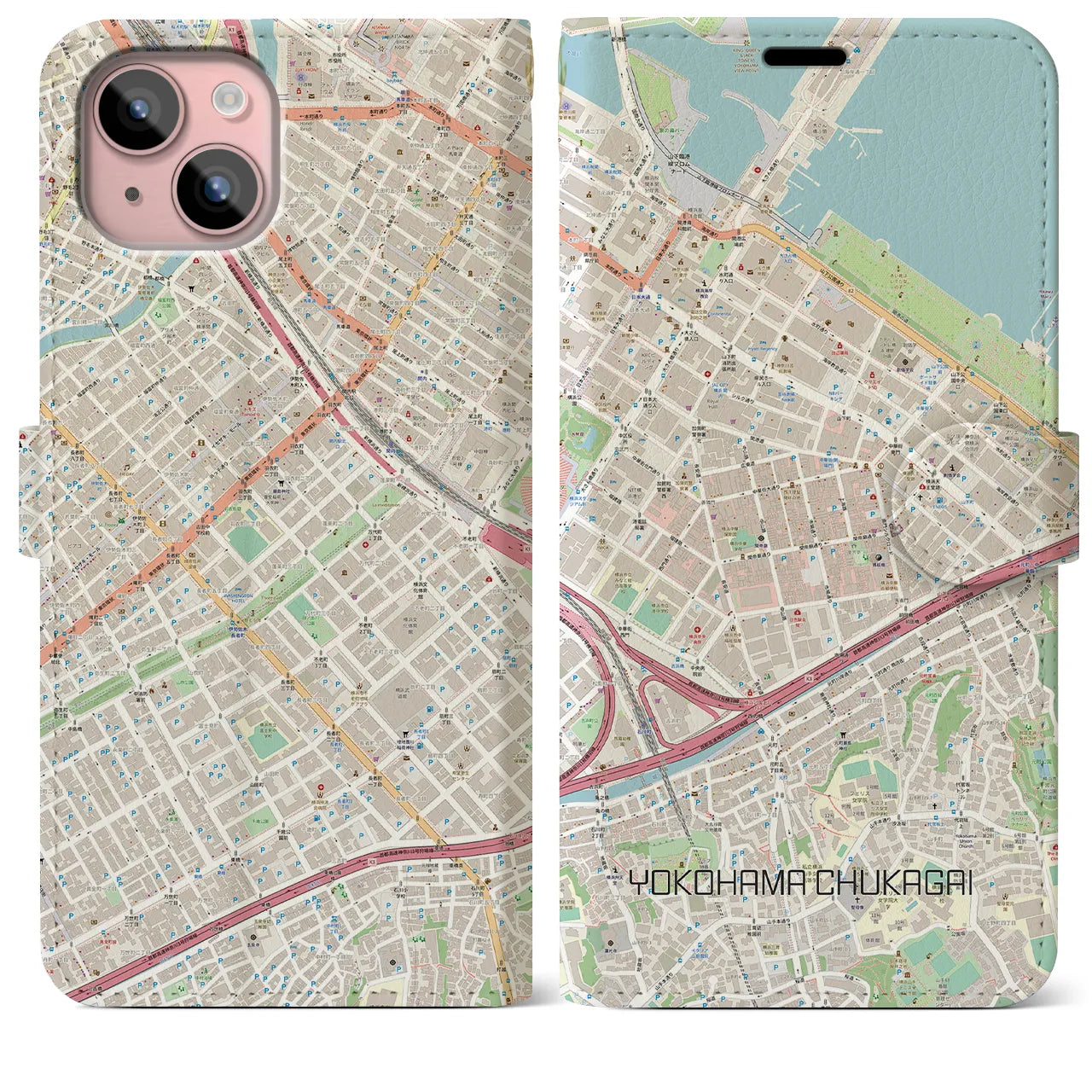 【横浜中華街】地図柄iPhoneケース（手帳両面タイプ・ナチュラル）iPhone 15 Plus 用