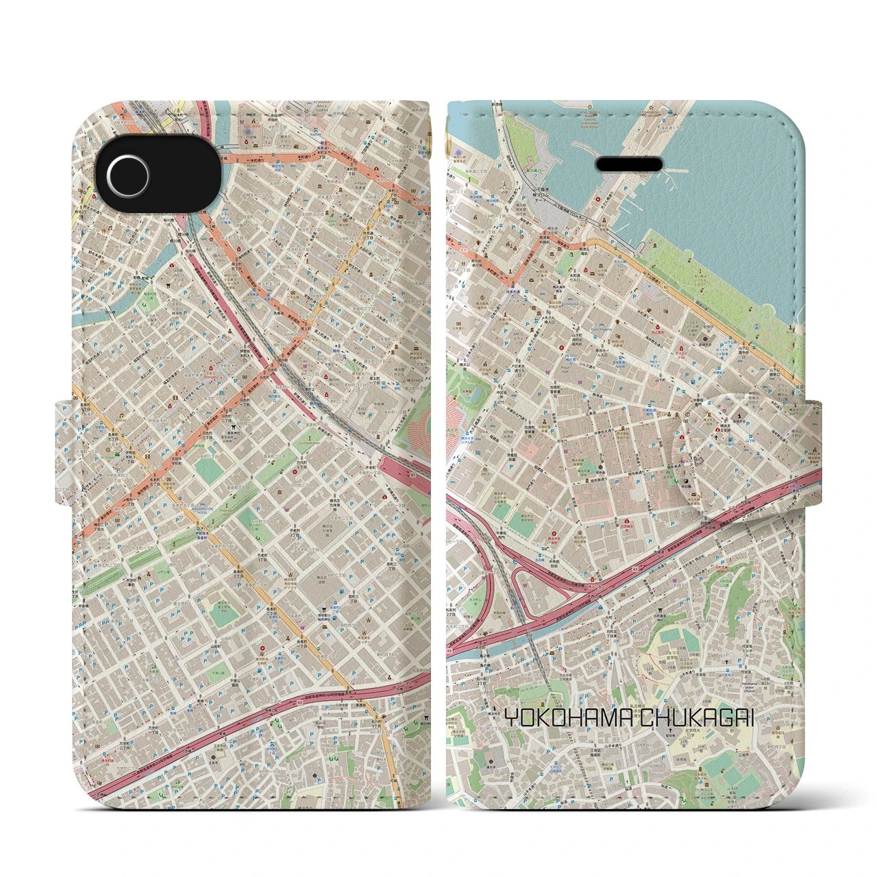 【横浜中華街】地図柄iPhoneケース（手帳両面タイプ・ナチュラル）iPhone SE（第3 / 第2世代） / 8 / 7 / 6s / 6 用