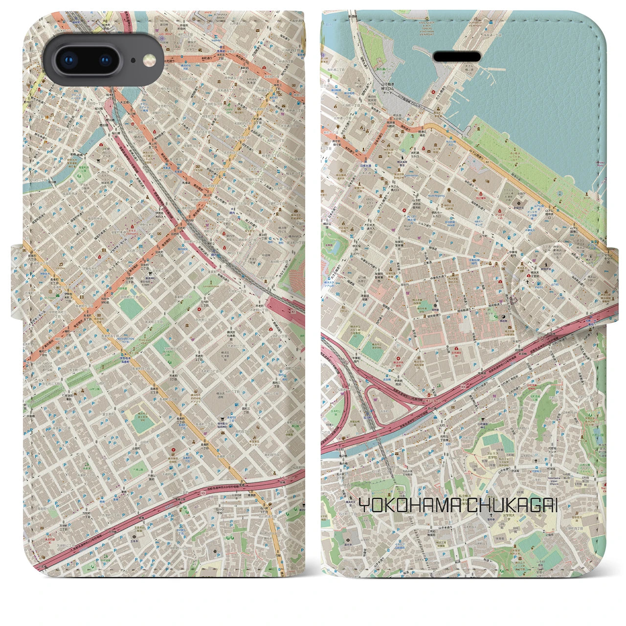 【横浜中華街】地図柄iPhoneケース（手帳両面タイプ・ナチュラル）iPhone 8Plus /7Plus / 6sPlus / 6Plus 用