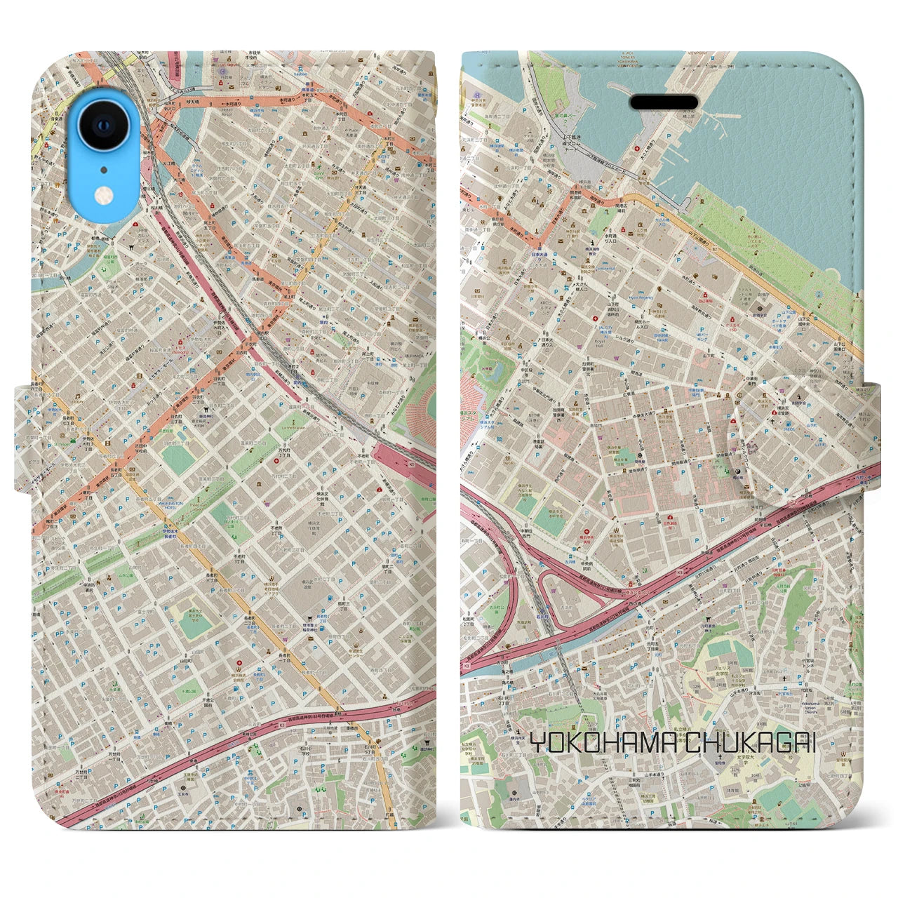 【横浜中華街】地図柄iPhoneケース（手帳両面タイプ・ナチュラル）iPhone XR 用