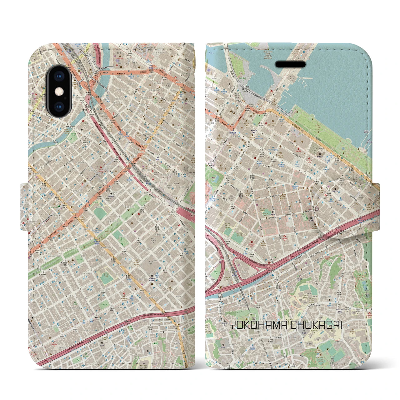 【横浜中華街】地図柄iPhoneケース（手帳両面タイプ・ナチュラル）iPhone XS / X 用