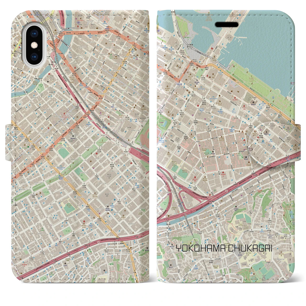 【横浜中華街】地図柄iPhoneケース（手帳両面タイプ・ナチュラル）iPhone XS Max 用