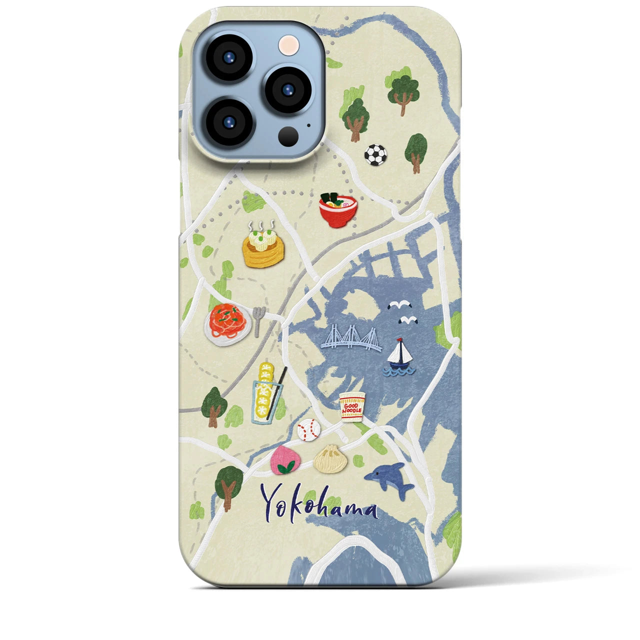 【横浜（イラスト）】地図柄iPhoneケース（バックカバータイプ・クリーム）iPhone 13 Pro Max 用