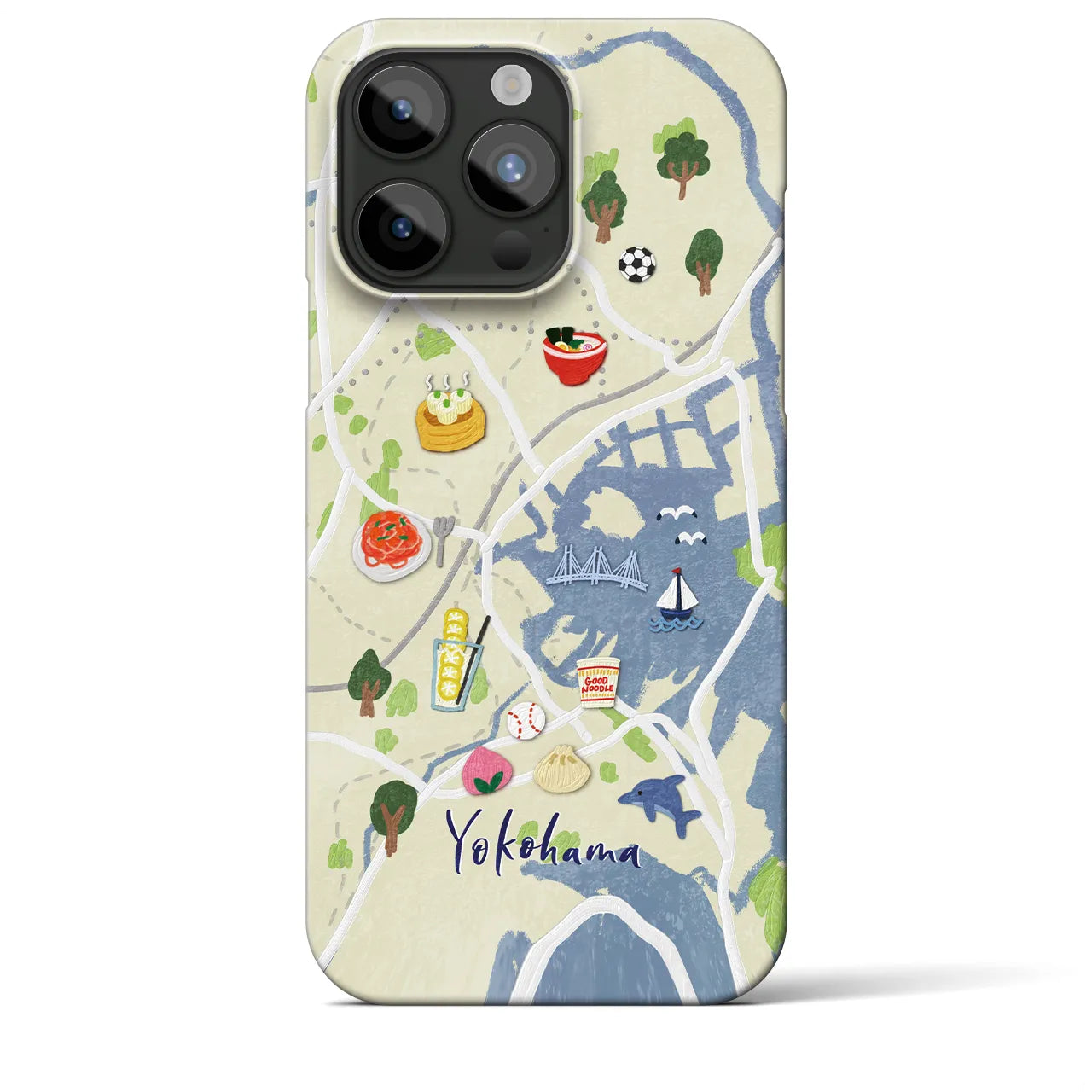 【横浜（イラスト）】地図柄iPhoneケース（バックカバータイプ・クリーム）iPhone 15 Pro Max 用