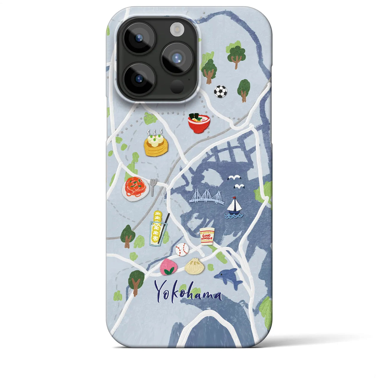 【横浜（イラスト）】地図柄iPhoneケース（バックカバータイプ・ライトブルー）iPhone 15 Pro Max 用