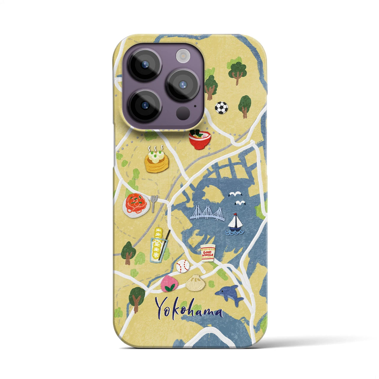 【横浜（イラスト）】地図柄iPhoneケース（バックカバータイプ・ライトイエロー）iPhone 14 Pro 用