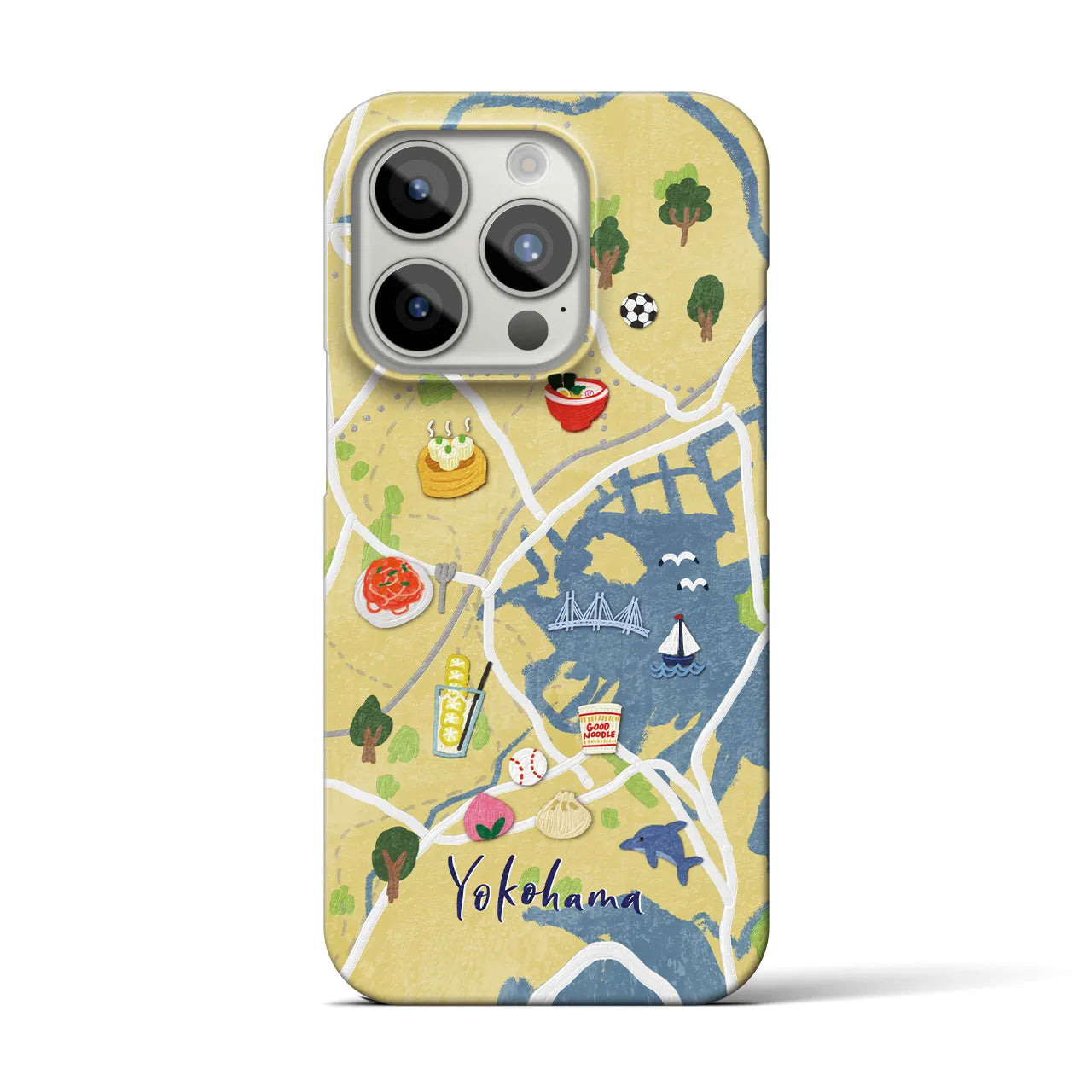 【横浜（イラスト）】地図柄iPhoneケース（バックカバータイプ・ライトイエロー）iPhone 15 Pro 用