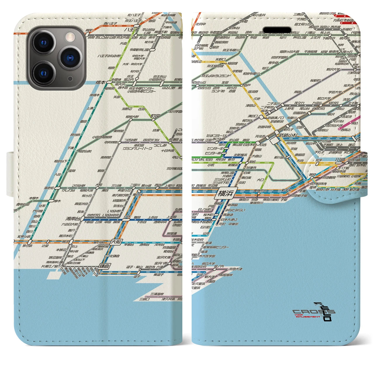 【横浜路線図】地図柄iPhoneケース（手帳両面タイプ・ホワイト）iPhone 11 Pro Max 用