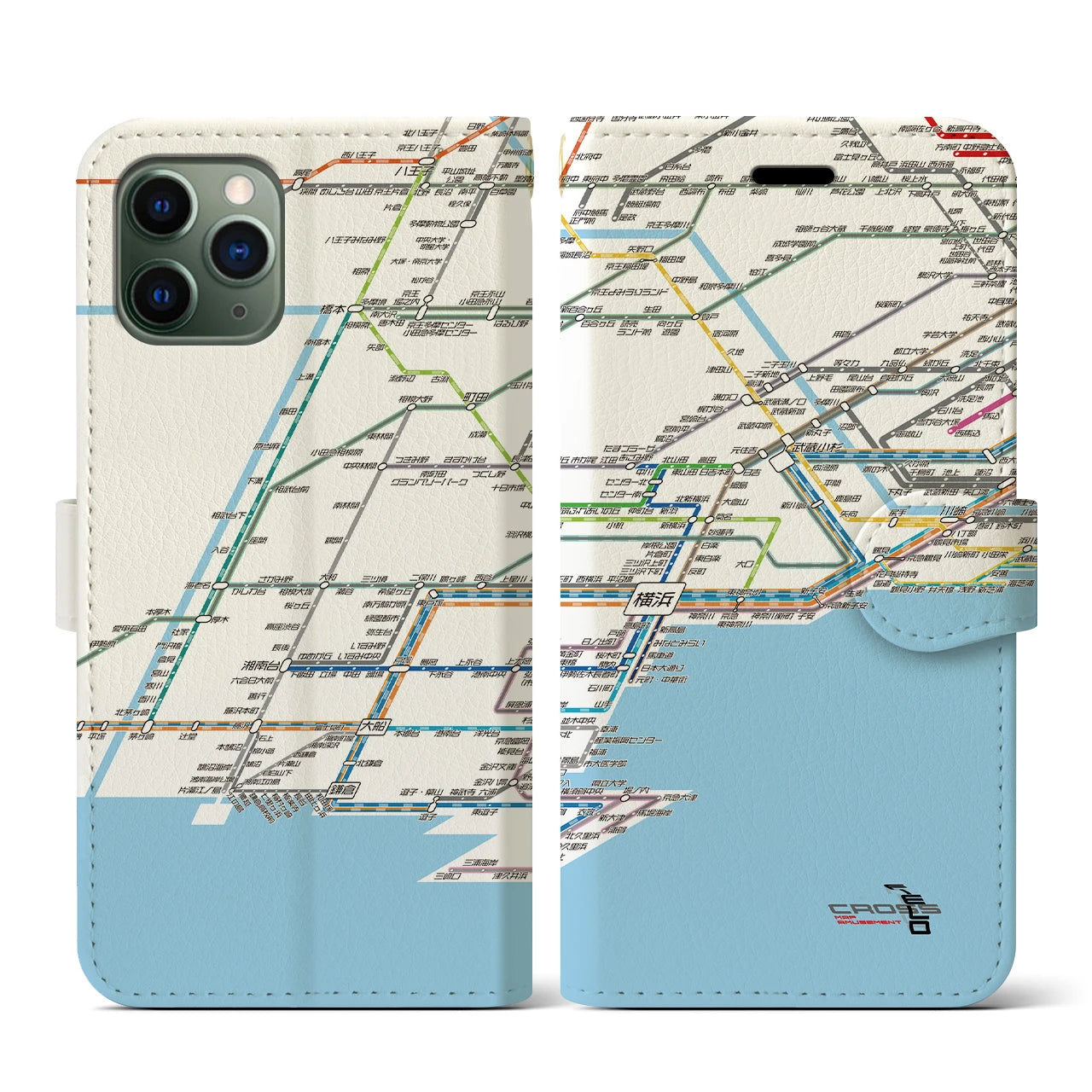 【横浜路線図】地図柄iPhoneケース（手帳両面タイプ・ホワイト）iPhone 11 Pro 用