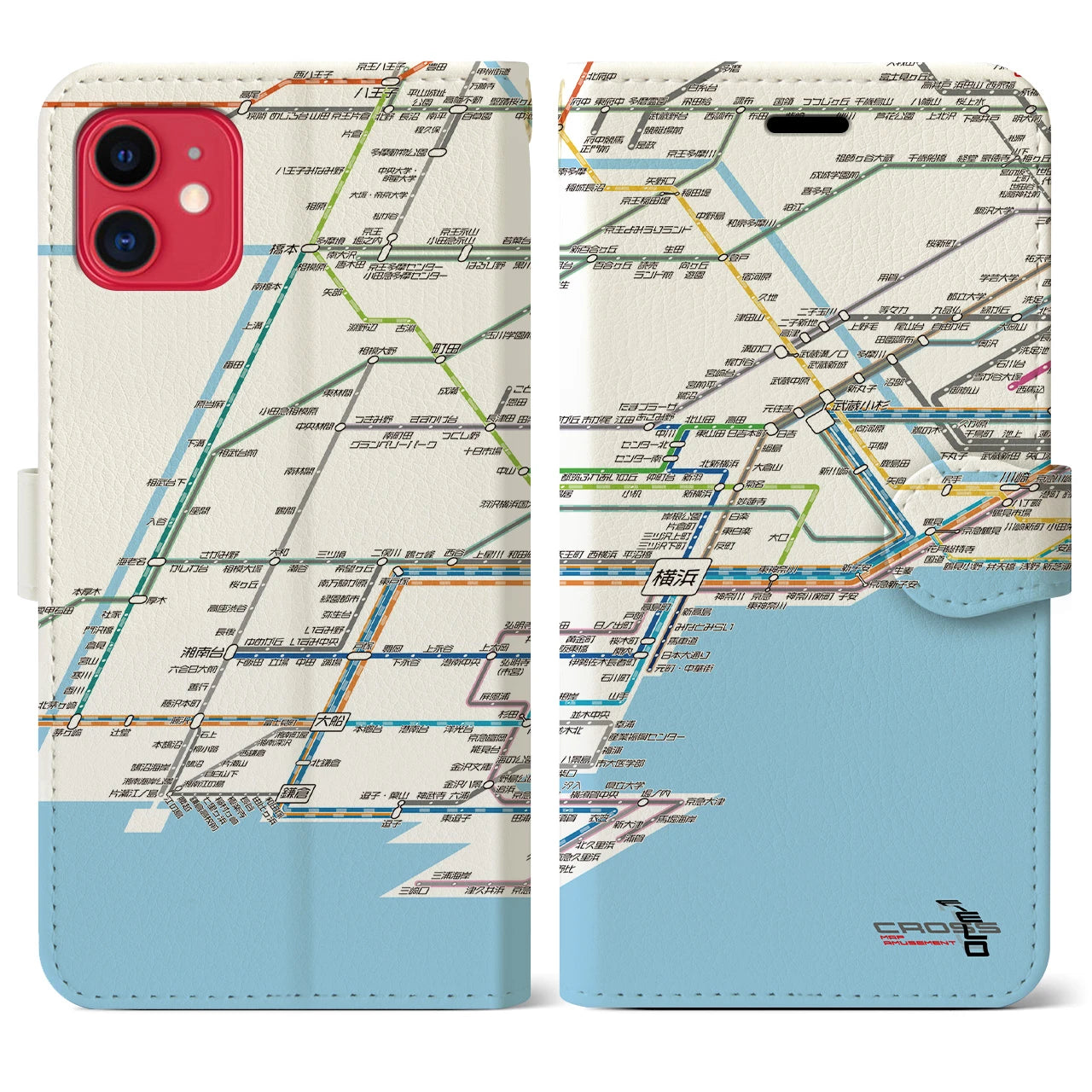 【横浜路線図】地図柄iPhoneケース（手帳両面タイプ・ホワイト）iPhone 11 用