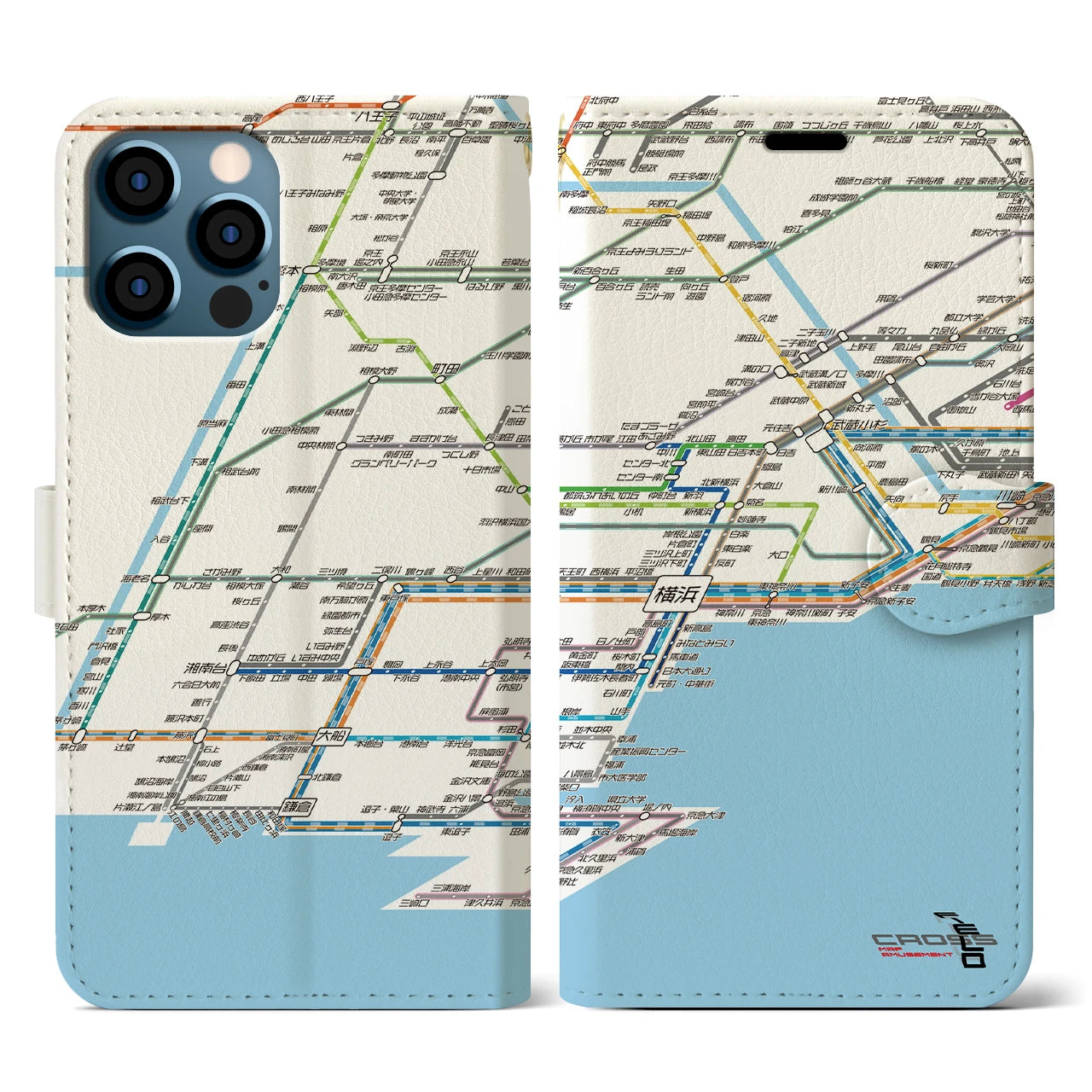 【横浜路線図】地図柄iPhoneケース（手帳両面タイプ・ホワイト）iPhone 12 / 12 Pro 用