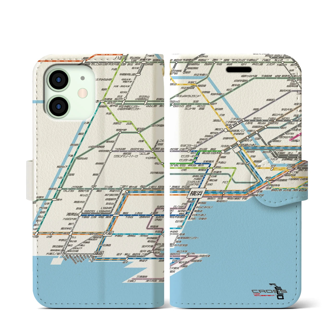 【横浜路線図】地図柄iPhoneケース（手帳両面タイプ・ホワイト）iPhone 12 mini 用
