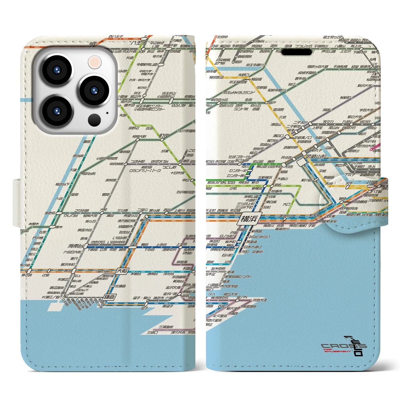 【横浜路線図】地図柄iPhoneケース（手帳両面タイプ・ホワイト）iPhone 13 Pro 用