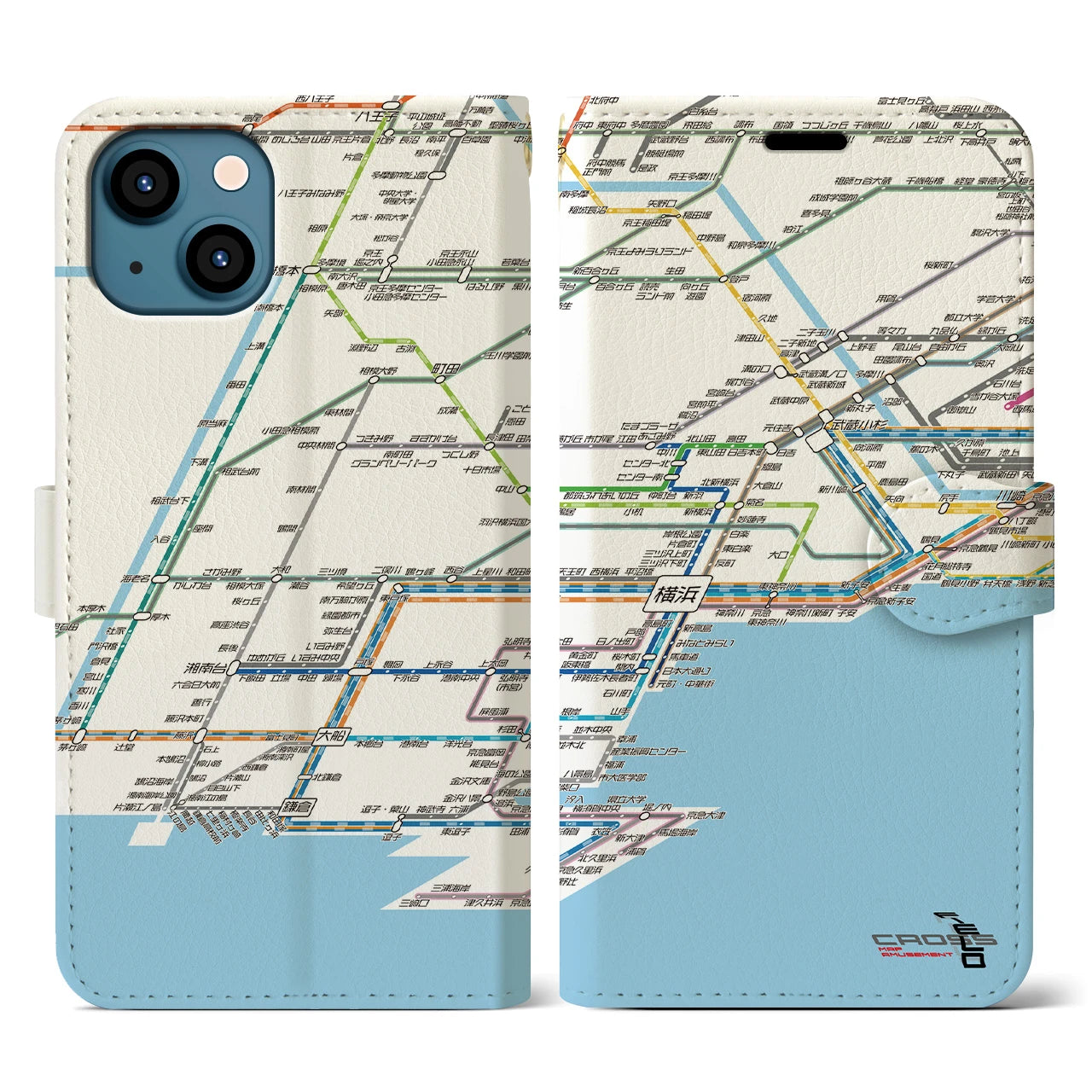【横浜路線図】地図柄iPhoneケース（手帳両面タイプ・ホワイト）iPhone 13 用