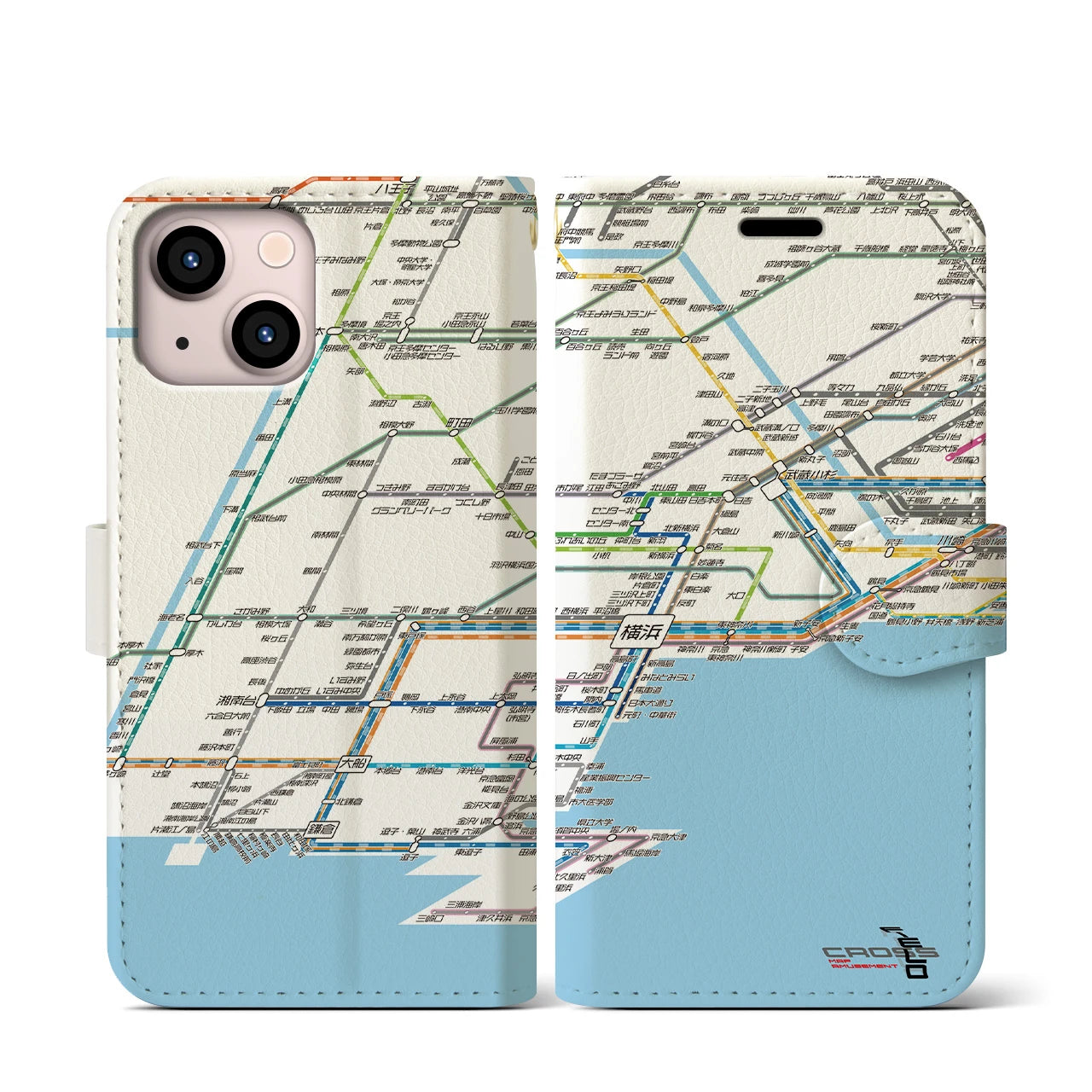 【横浜路線図】地図柄iPhoneケース（手帳両面タイプ・ホワイト）iPhone 13 mini 用