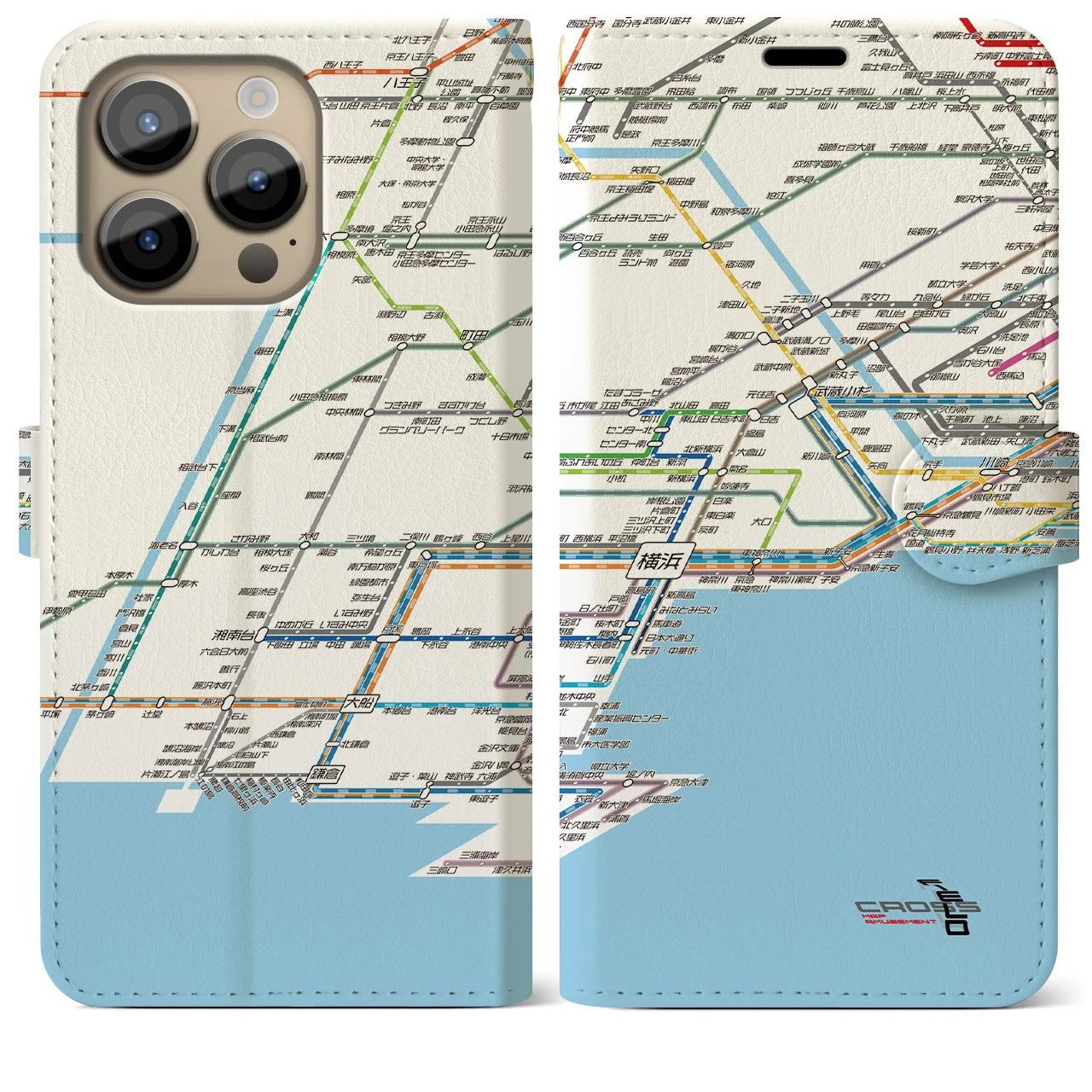 【横浜路線図】地図柄iPhoneケース（手帳両面タイプ・ホワイト）iPhone 14 Pro Max 用