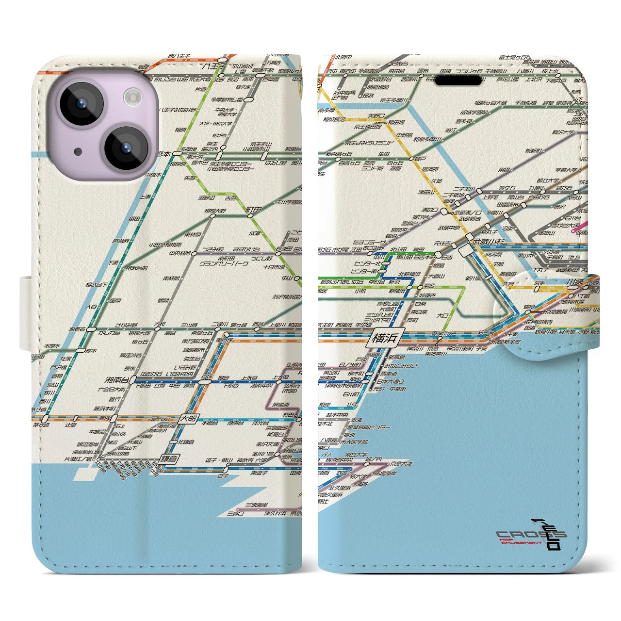 【横浜路線図】地図柄iPhoneケース（手帳両面タイプ・ホワイト）iPhone 14 用