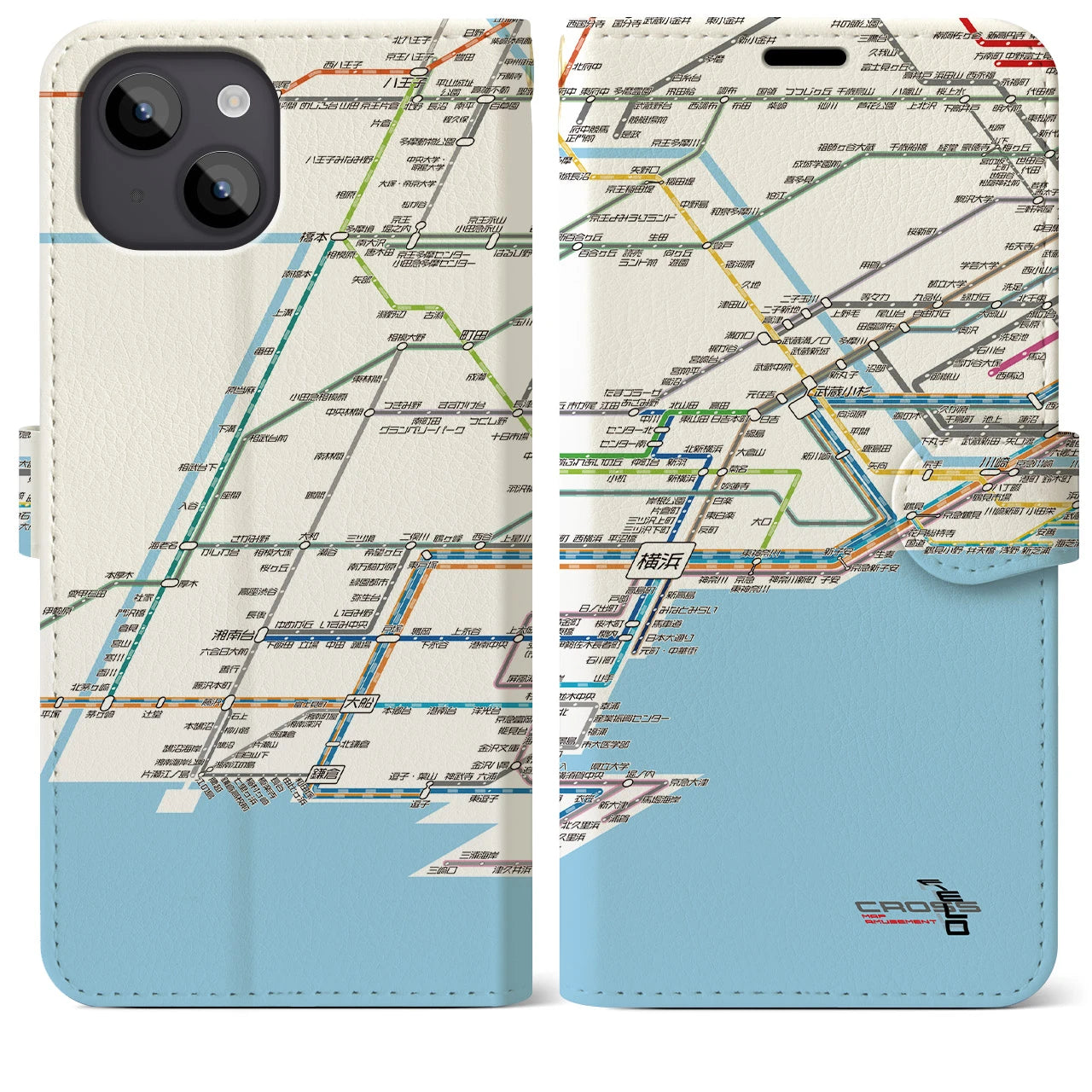 【横浜路線図】地図柄iPhoneケース（手帳両面タイプ・ホワイト）iPhone 14 Plus 用