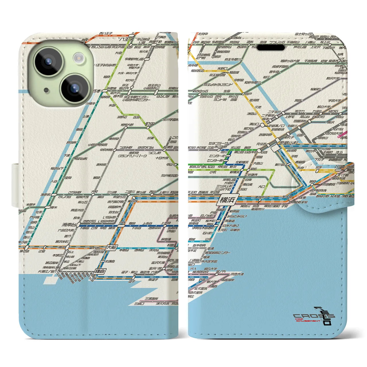 【横浜路線図】地図柄iPhoneケース（手帳両面タイプ・ホワイト）iPhone 15 用