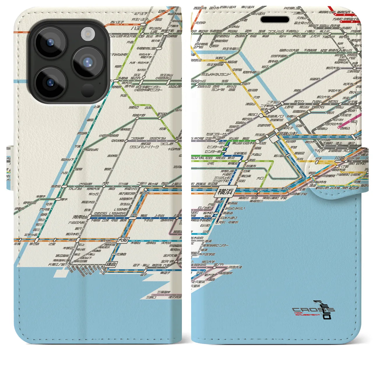 【横浜路線図】地図柄iPhoneケース（手帳両面タイプ・ホワイト）iPhone 15 Pro Max 用