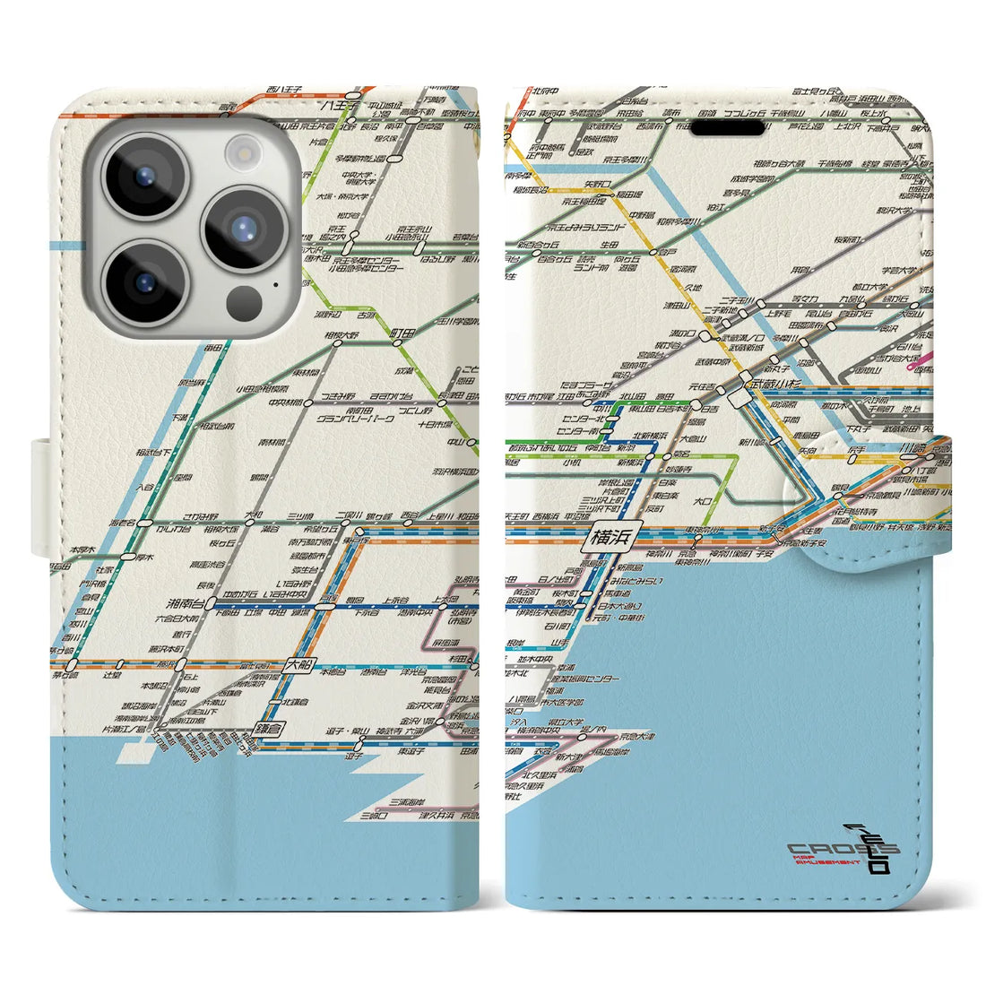 【横浜路線図】地図柄iPhoneケース（手帳両面タイプ・ホワイト）iPhone 15 Pro 用