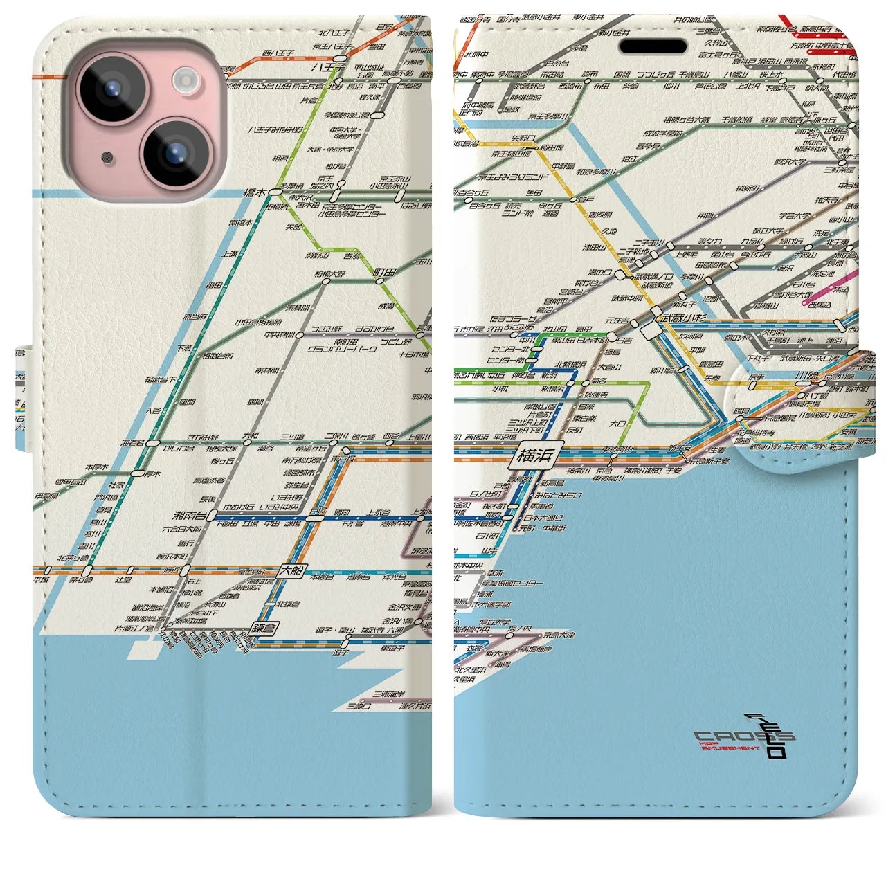 【横浜路線図】地図柄iPhoneケース（手帳両面タイプ・ホワイト）iPhone 15 Plus 用