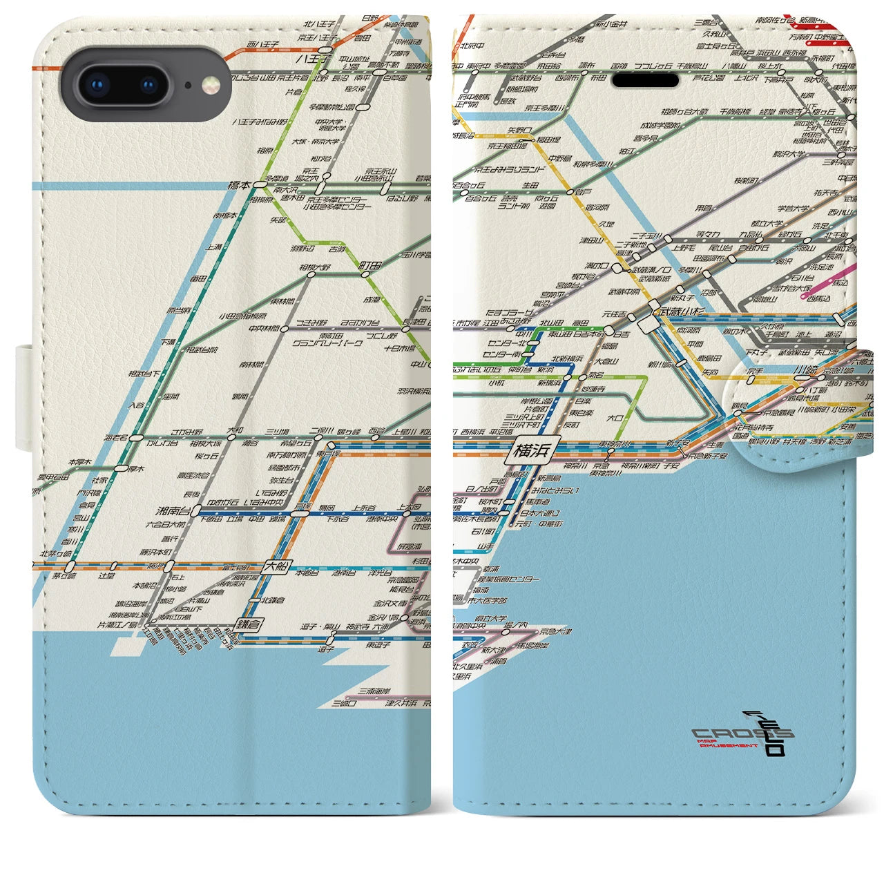 【横浜路線図】地図柄iPhoneケース（手帳両面タイプ・ホワイト）iPhone 8Plus /7Plus / 6sPlus / 6Plus 用